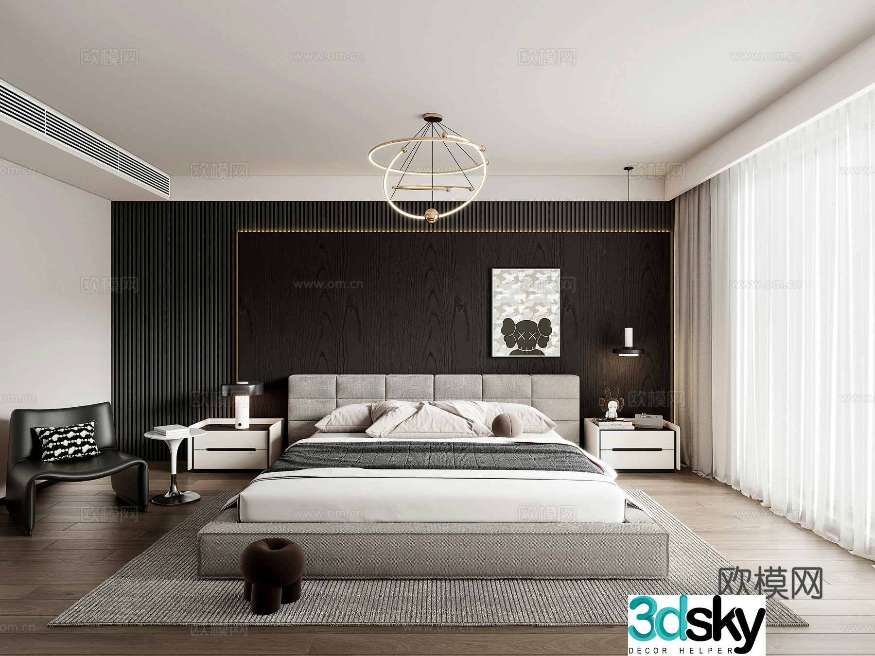 Modern home bedroom bedside background wall double bed leisure chair 3d model