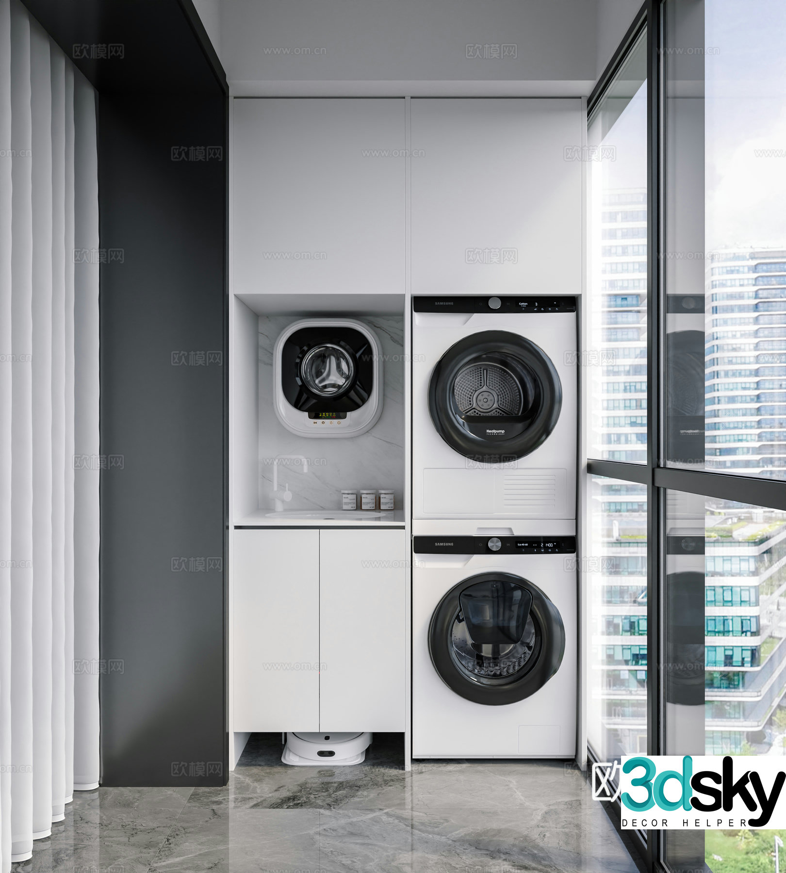 Modern balcony cabinet washing machine cabinet living balcony black and white gray balcony balcony laundry table 3D model