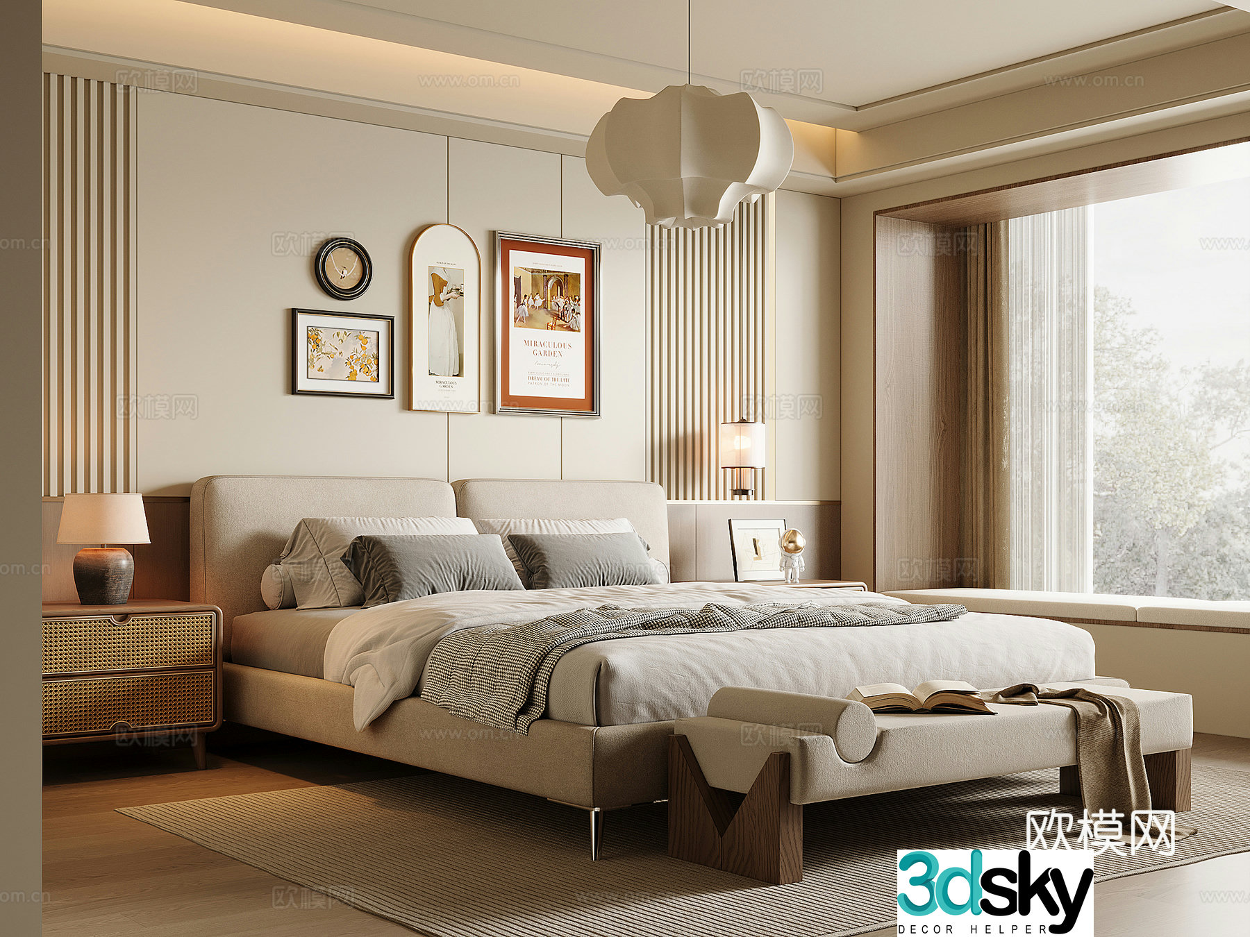 New Chinese style bedroom Song style fabric double bed bed nightstand bed end stool Chinese style chandelier 3D model