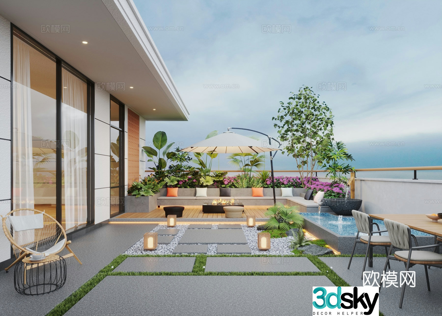 Modern roof garden water view pool leisure chair outdoor dining table 3d model