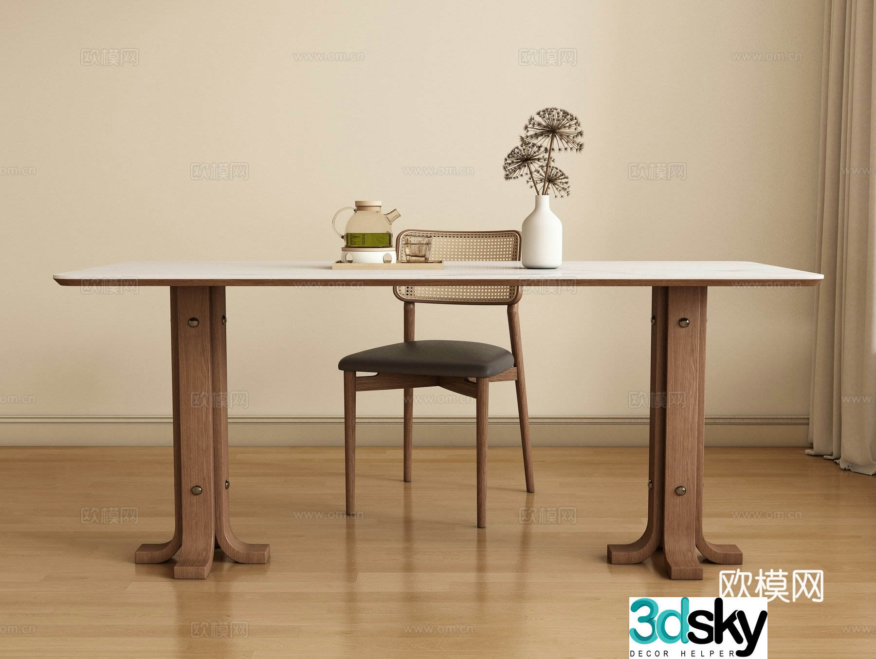 Modern medieval style long dining table and chair 3D model