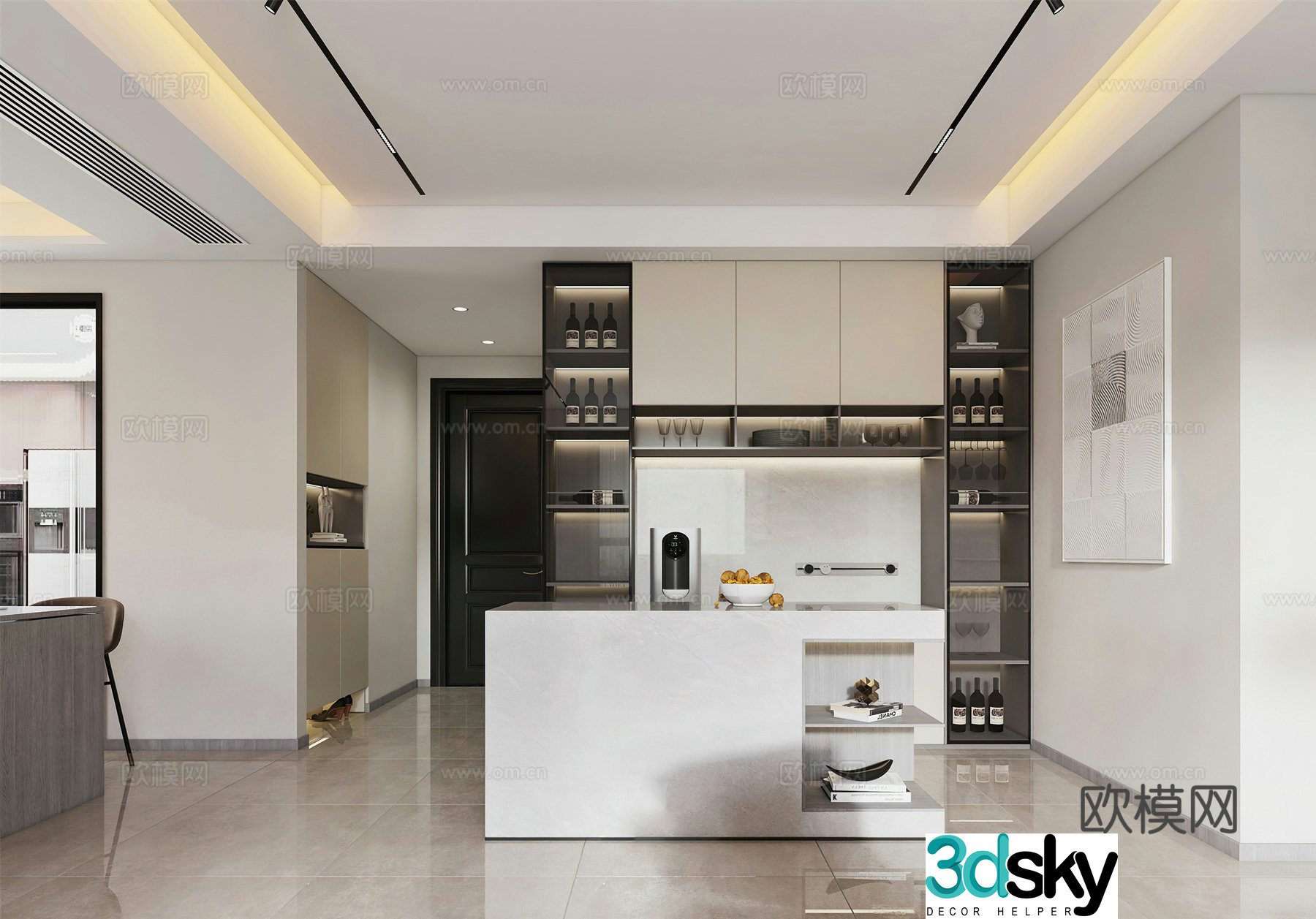 Modern restaurant island bar open kitchen wine cabinet social hall modern living restaurant 3d model