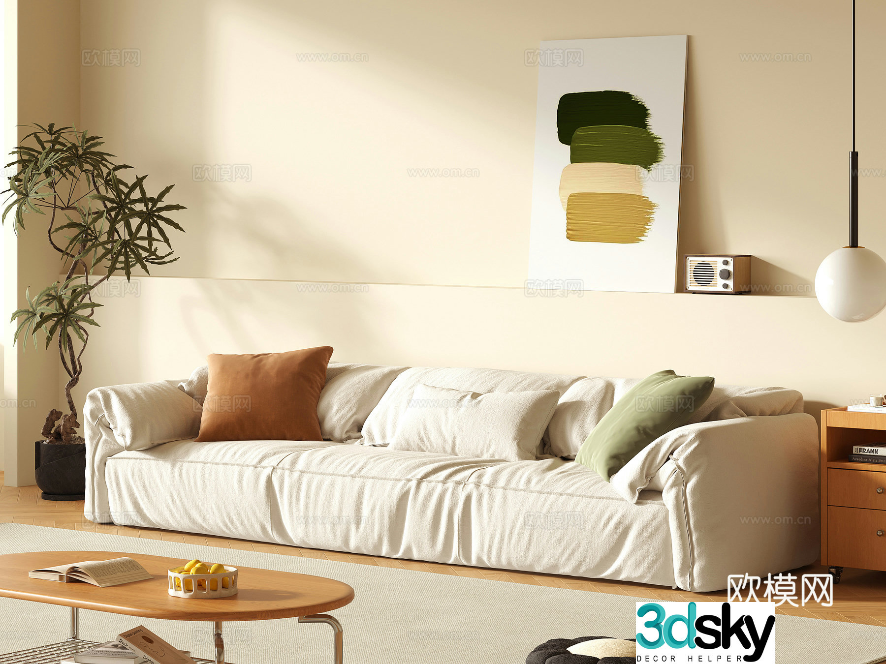Modern cream style sofa multi-person sofa hanging painting green plants sofa coffee table combination 3D model