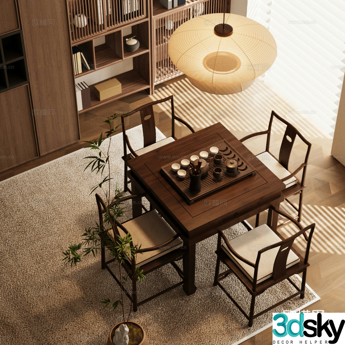 New Chinese style Zen tea table and chairs Solid wood tea table New Chinese style tea table and tea room tea table and chairs Tea tasting area 3D model