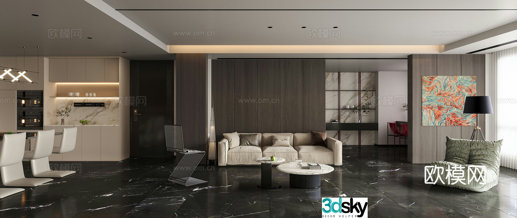 Modern black white and gray light luxury living restaurant 3D model