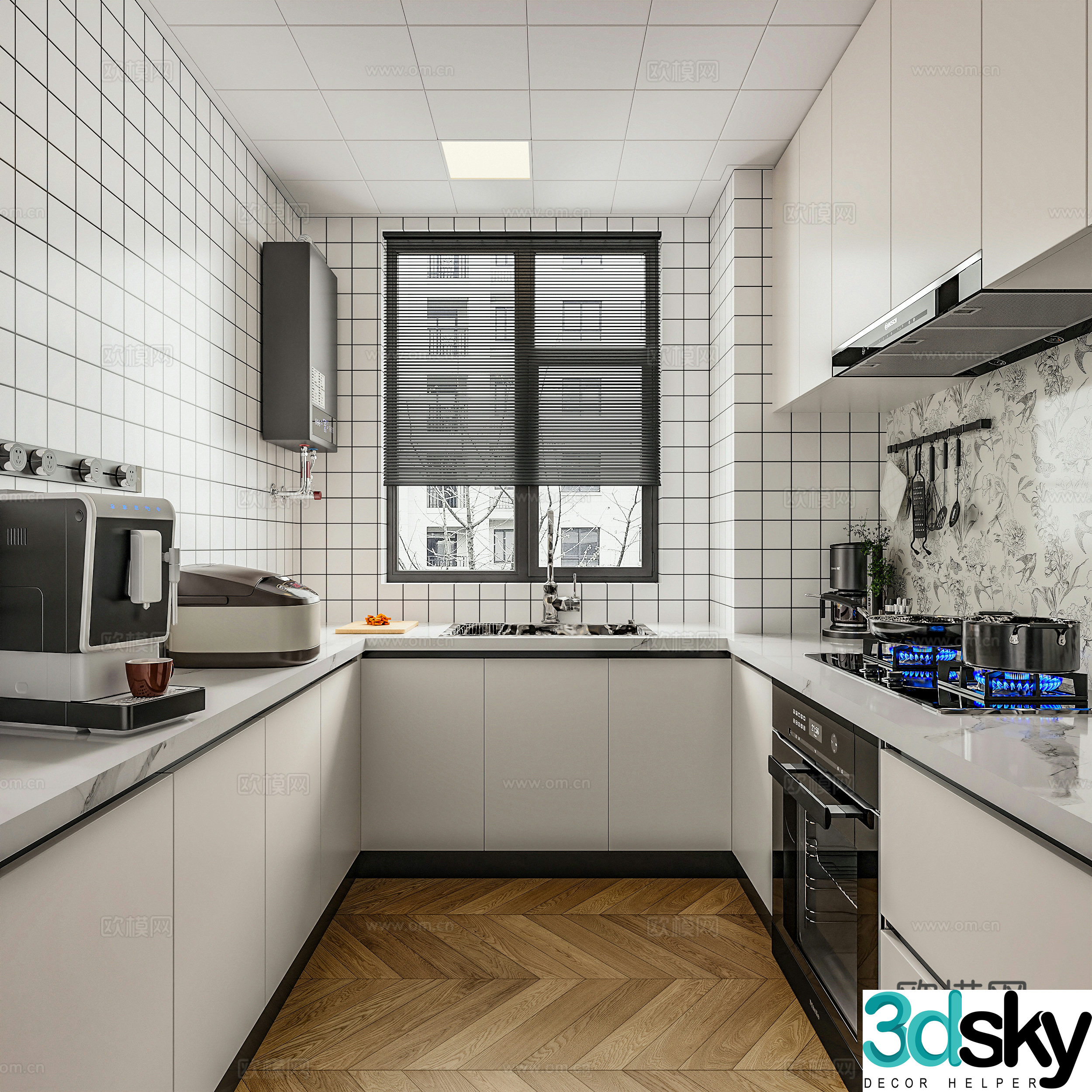 Modern kitchen range hood gas stove gas water heater coffee machine cabinet kitchen utensils electric 3D model
