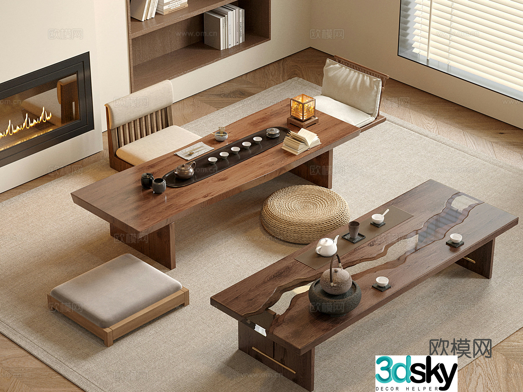 New Chinese-style tea table and chair futon rice cushion 3D model