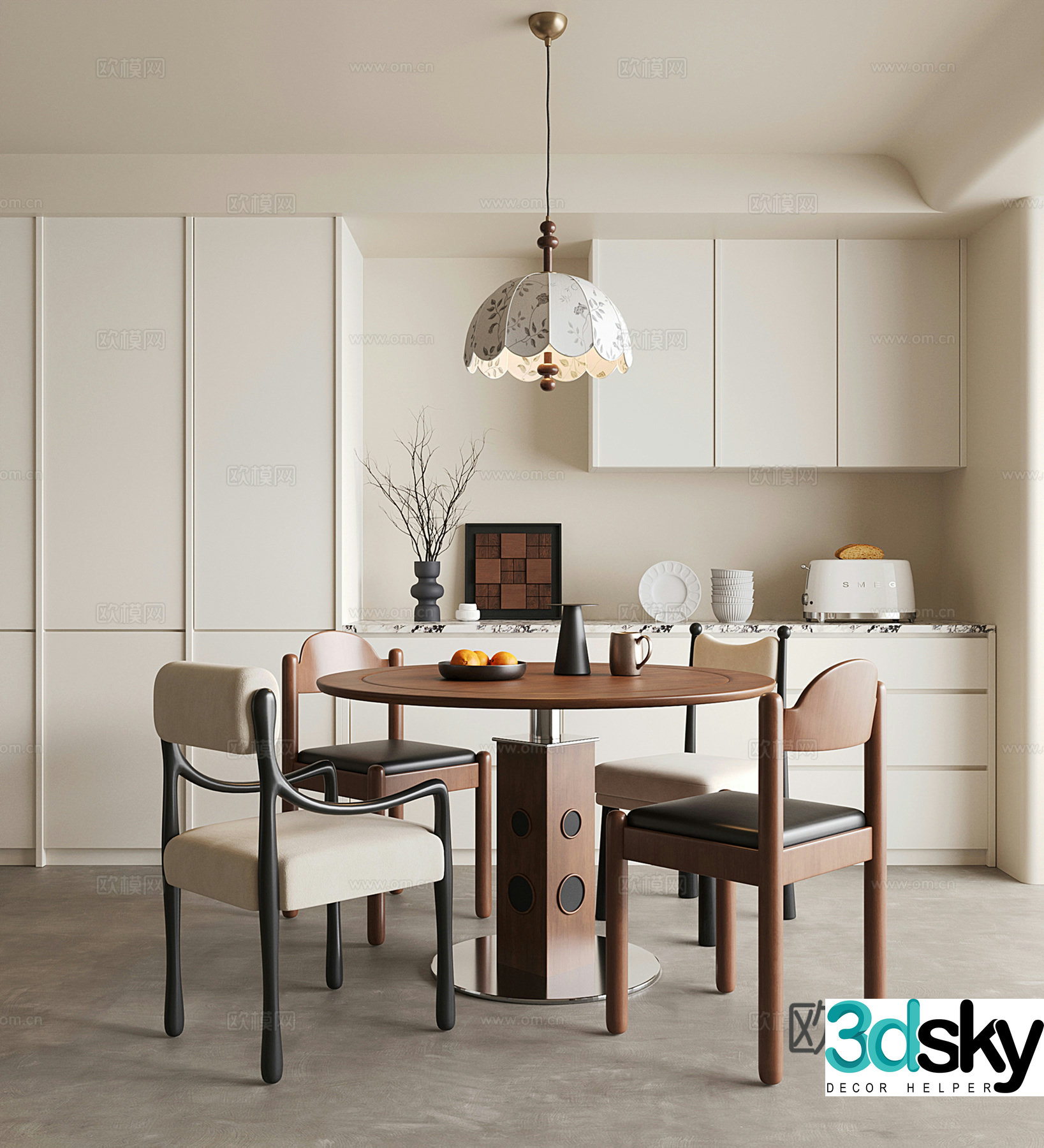 Middle style restaurant dining table and chairs wine cabinet chandeliers round dining table 3D model