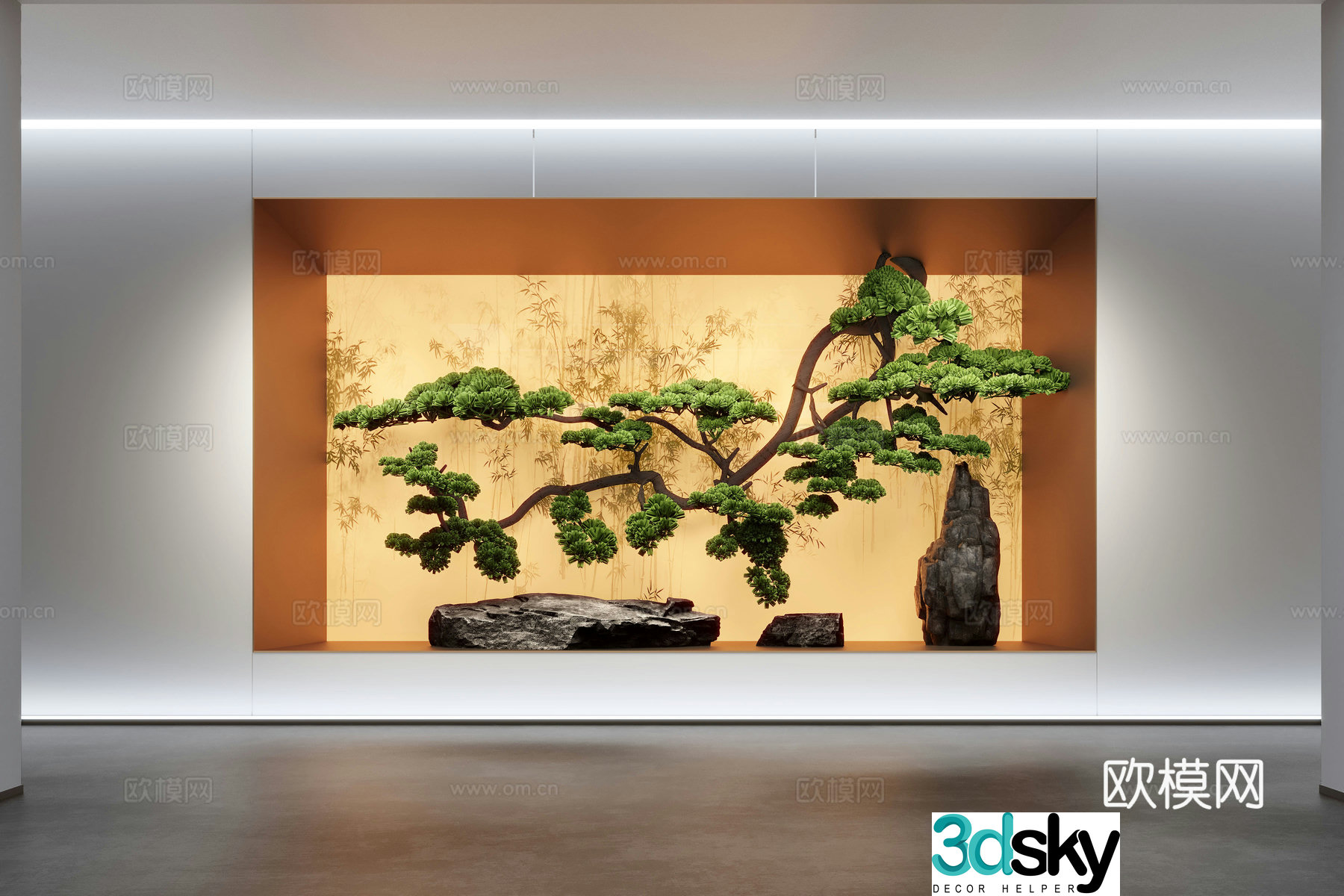 New Chinese style interior landscape pine tree landscape stone 3d model