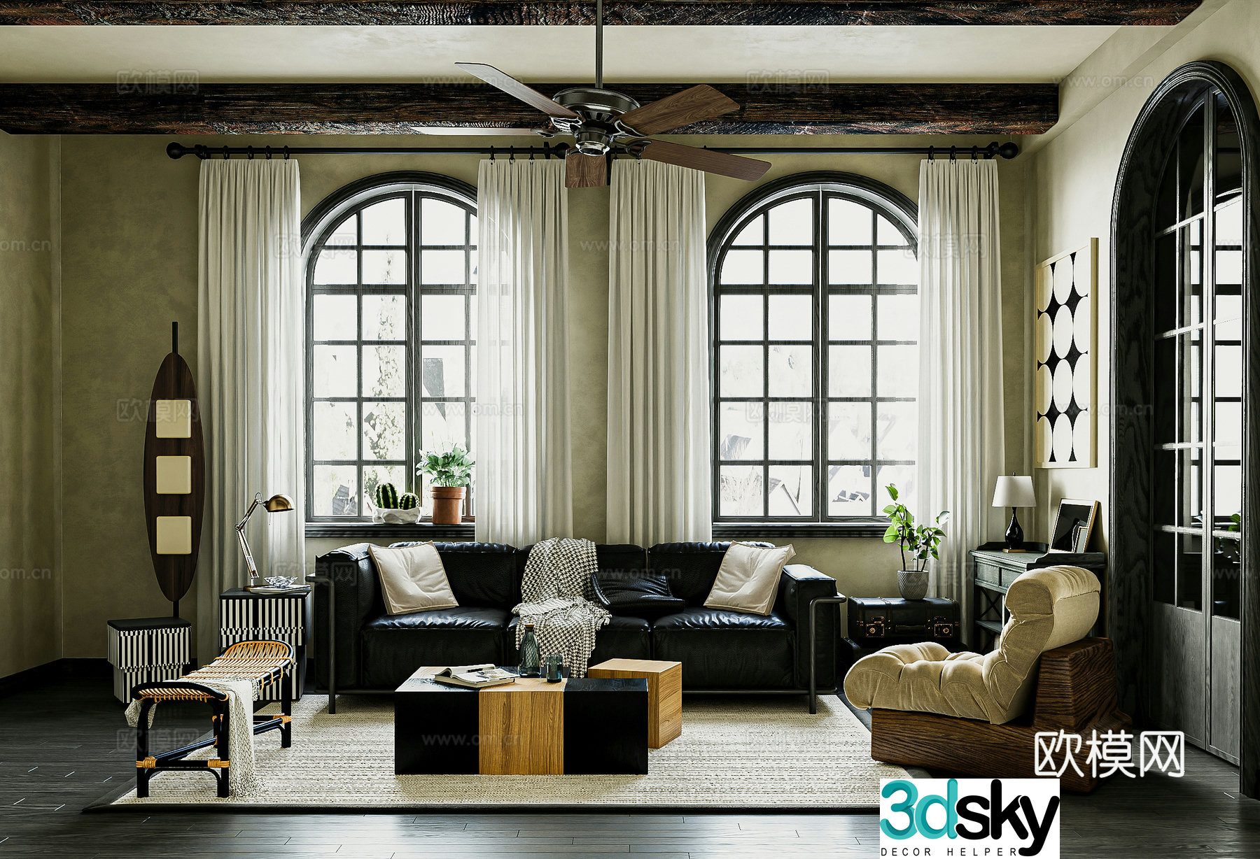 American retro villa living room oily wax leather sofa rattan bench floor lamp side cabinet 3D model