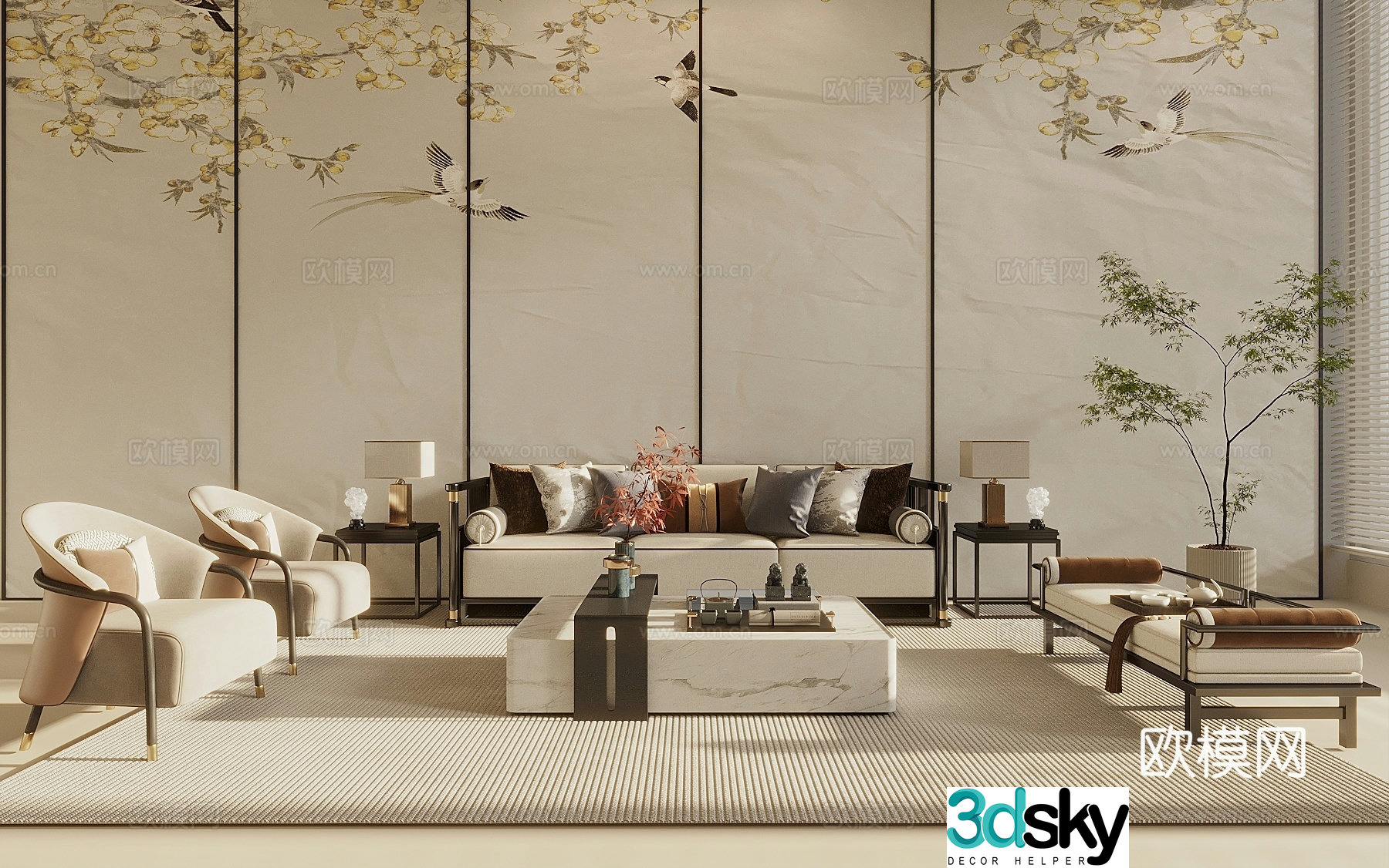 Song style new stroke combination sofa sofa coffee table combination leisure chair 3D model