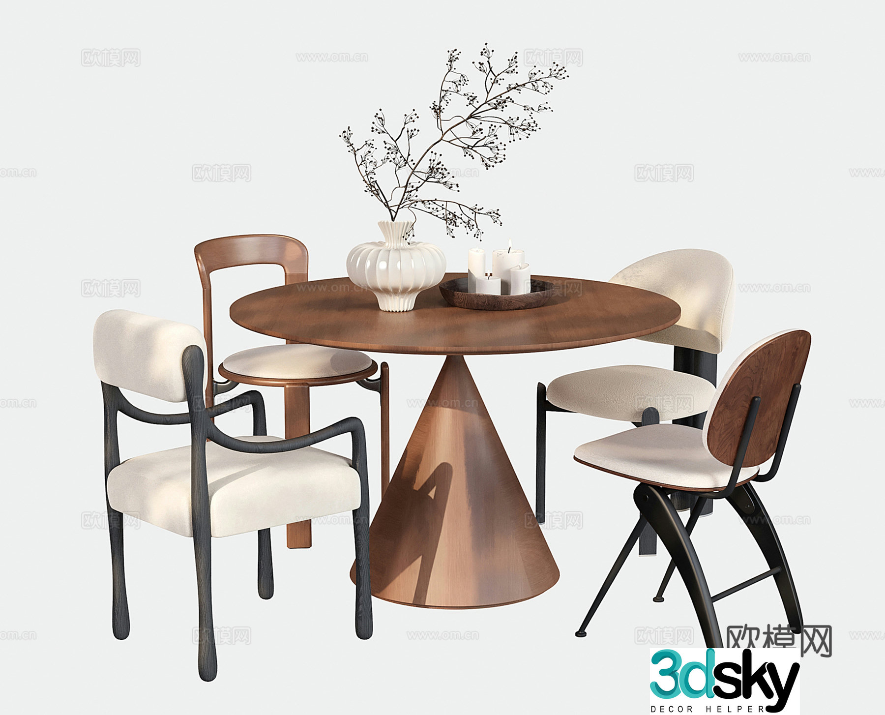 Medium style dining table and chairs Round dining table and dining chairs Single chair 3D model