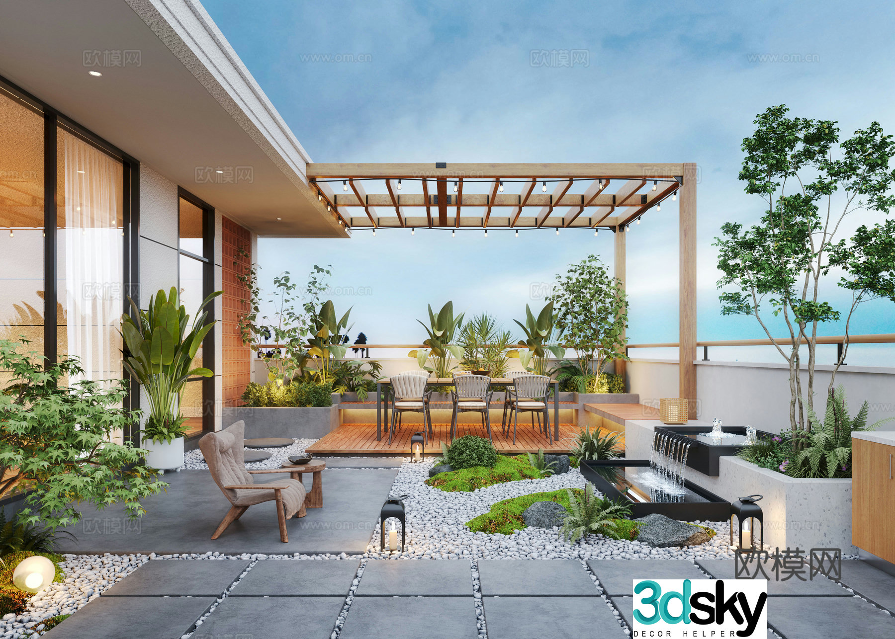 Modern roof garden water view pool leisure chair outdoor dining table 3d model