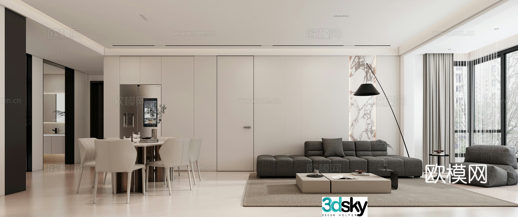 Modern living and dining room 3d model