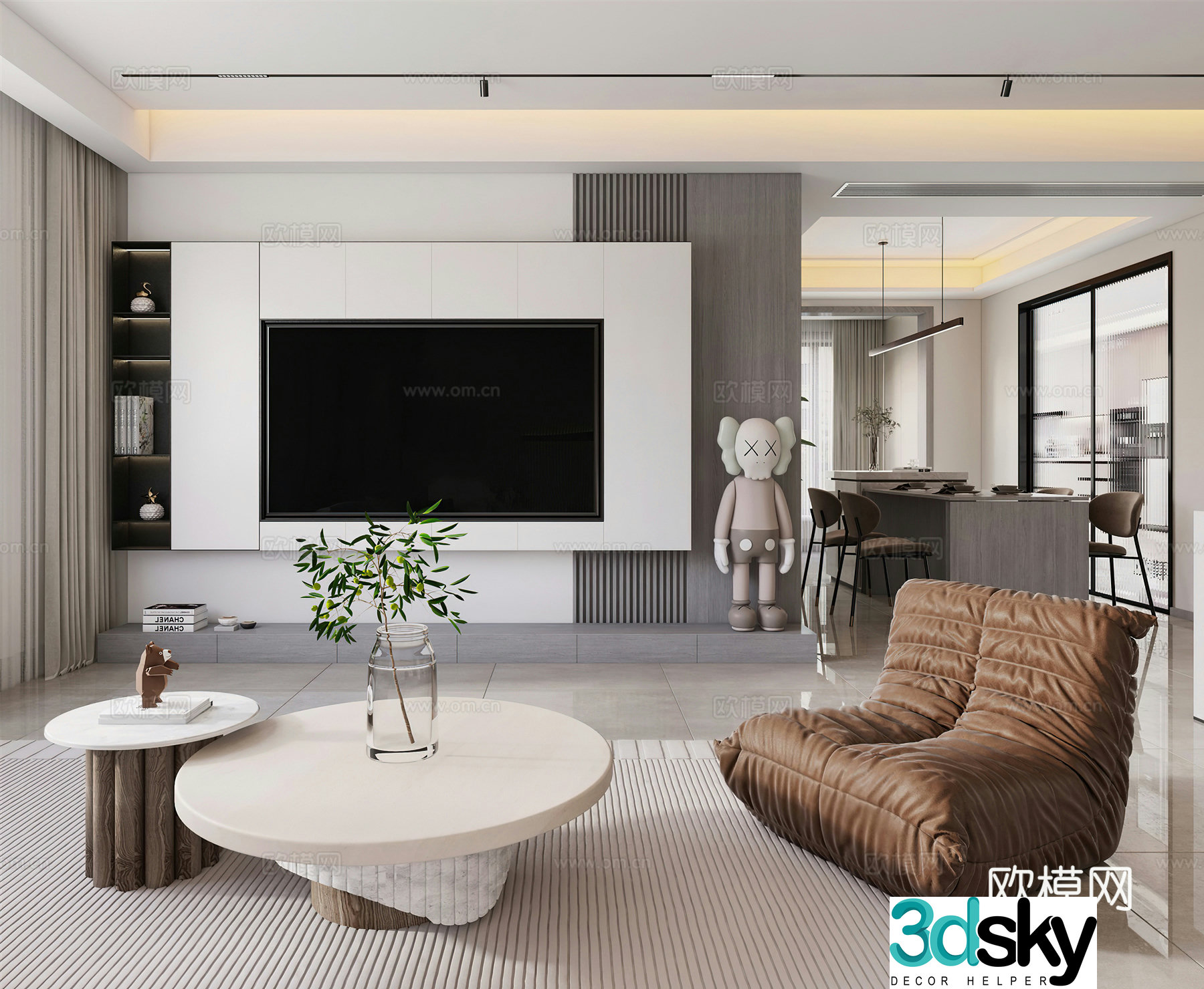 Modern living room and dining room TV background wall leisure chair side table corner island modern living room 3d model