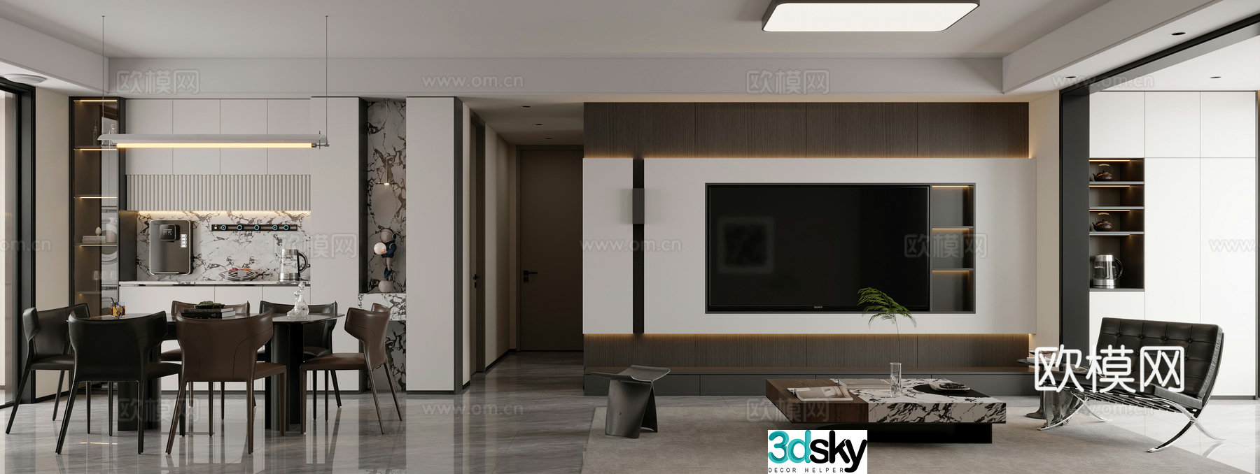 Modern living and dining room 3d model