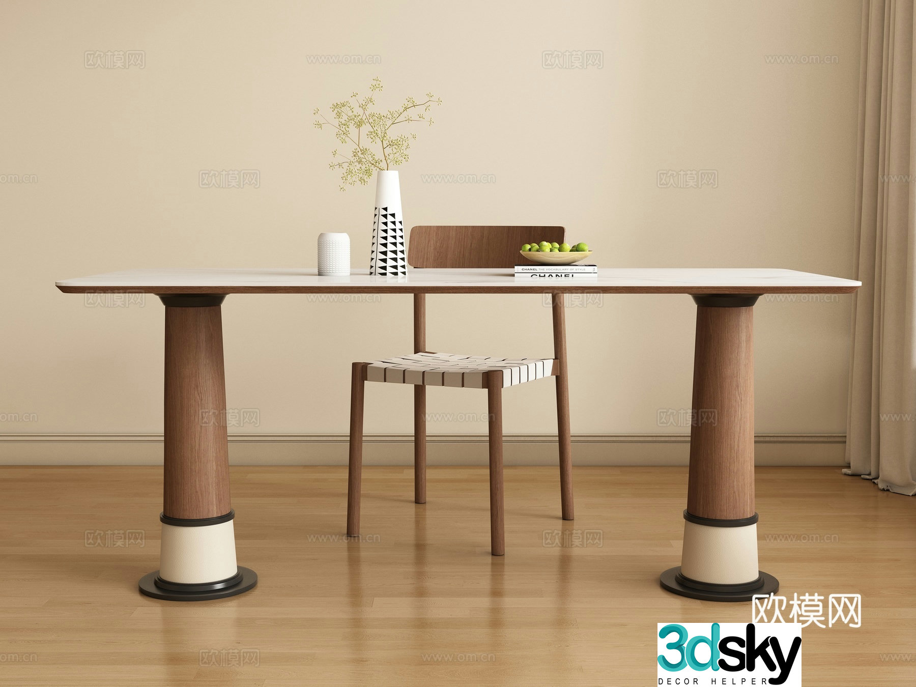 Modern medieval style long dining table and chair 3D model