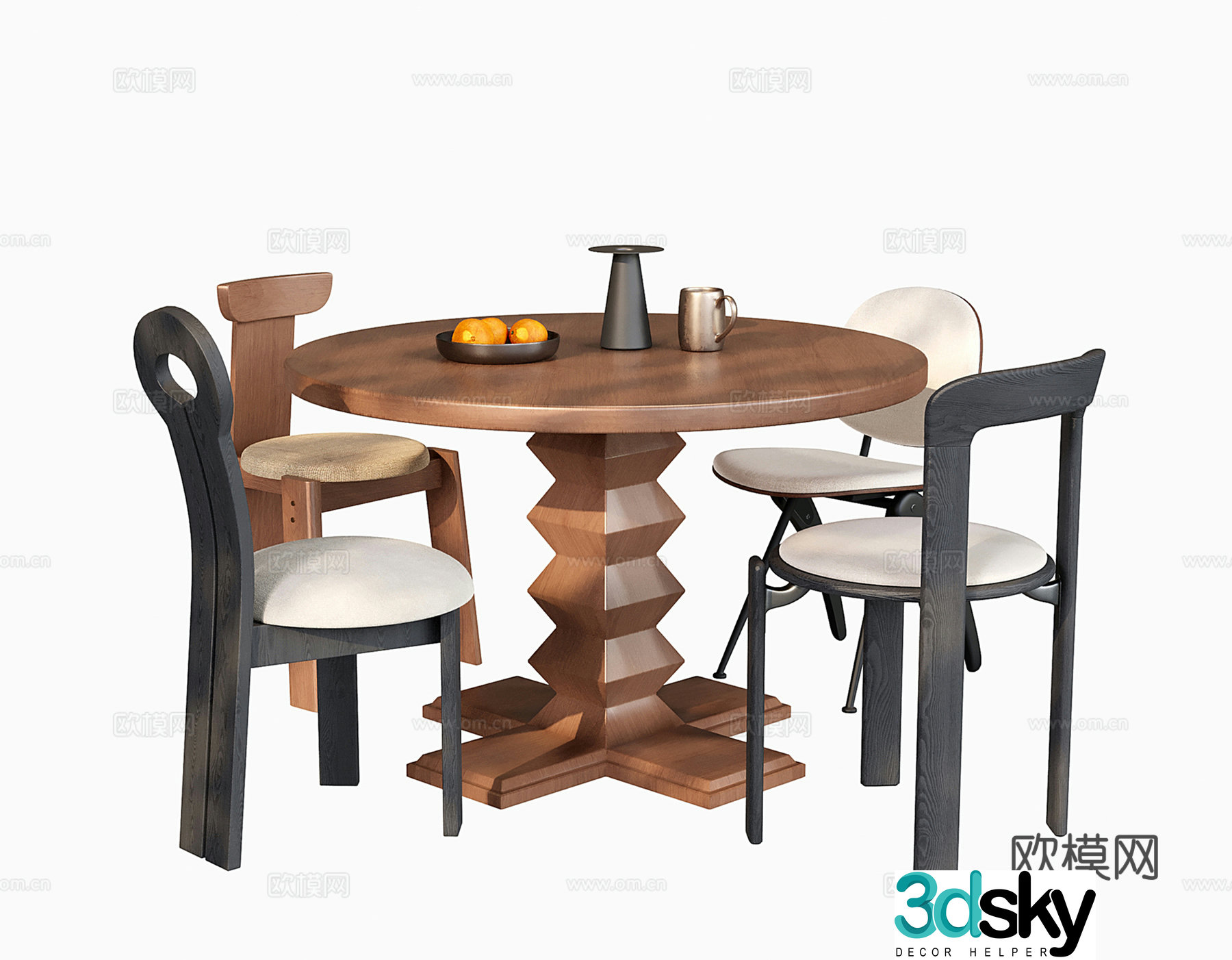 Medium style dining table and chairs Round dining table and dining chairs Single chair 3D model