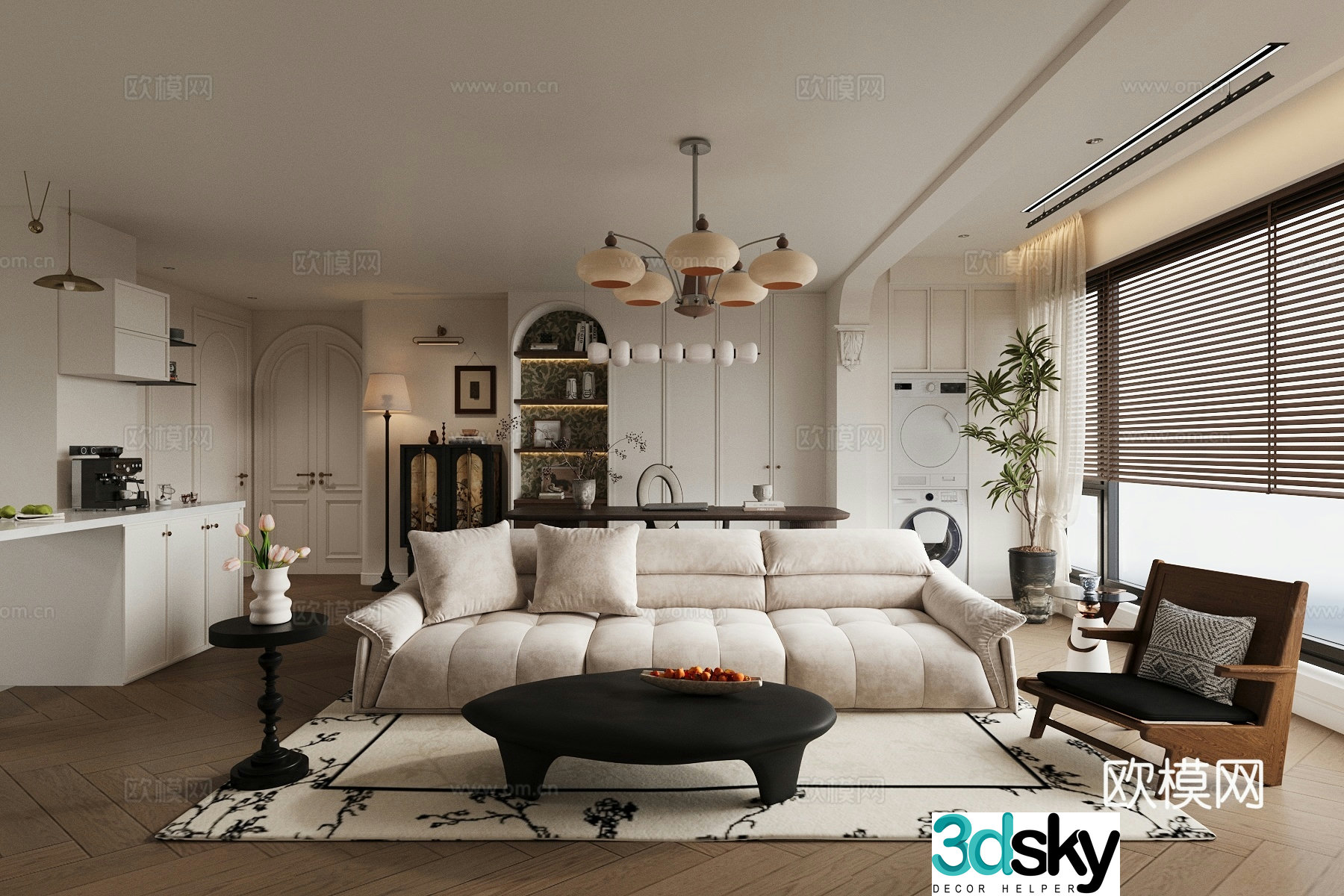 French home living room small living room sofa and coffee table combination horizontal living room 3D model