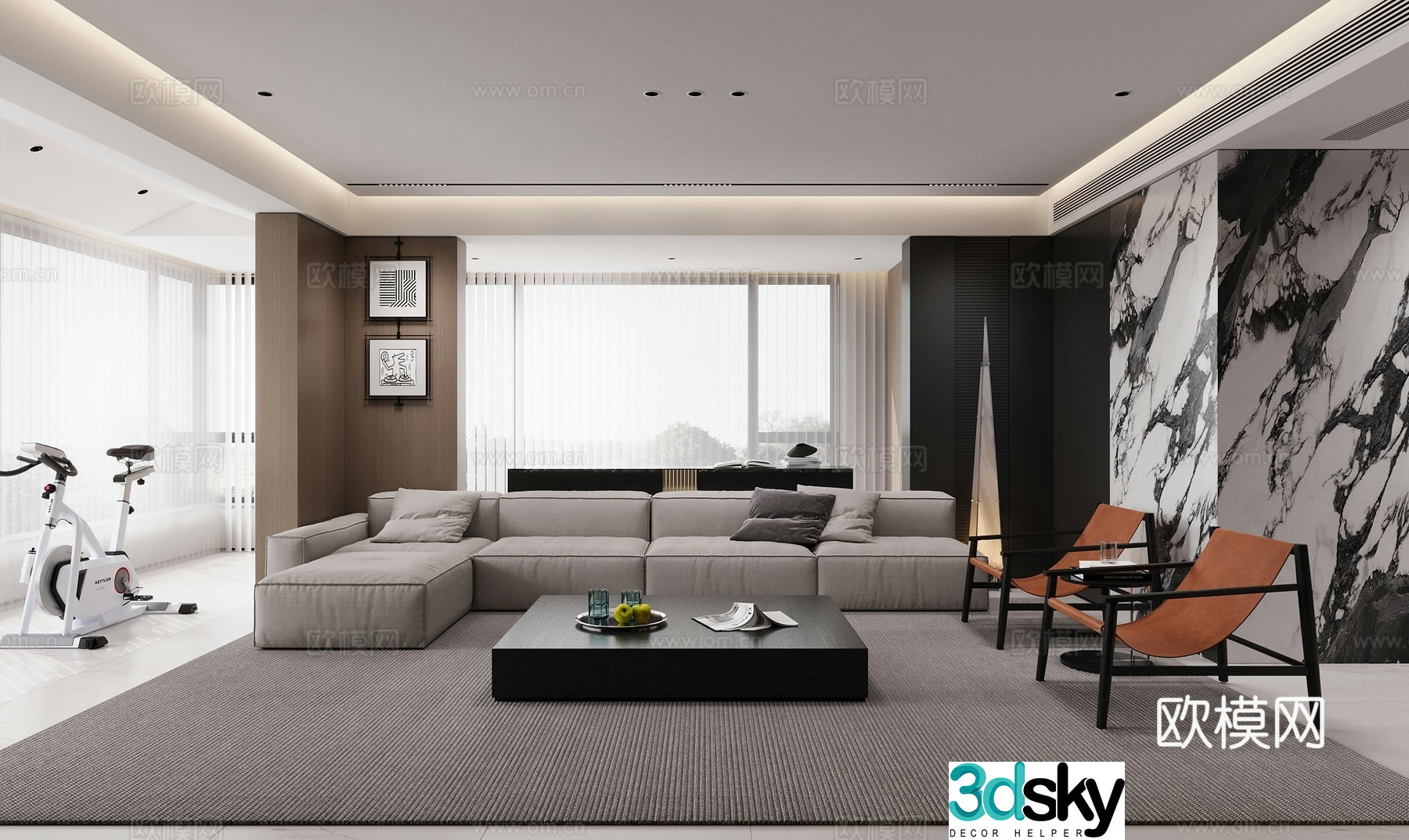 Modern living and dining room 3d model