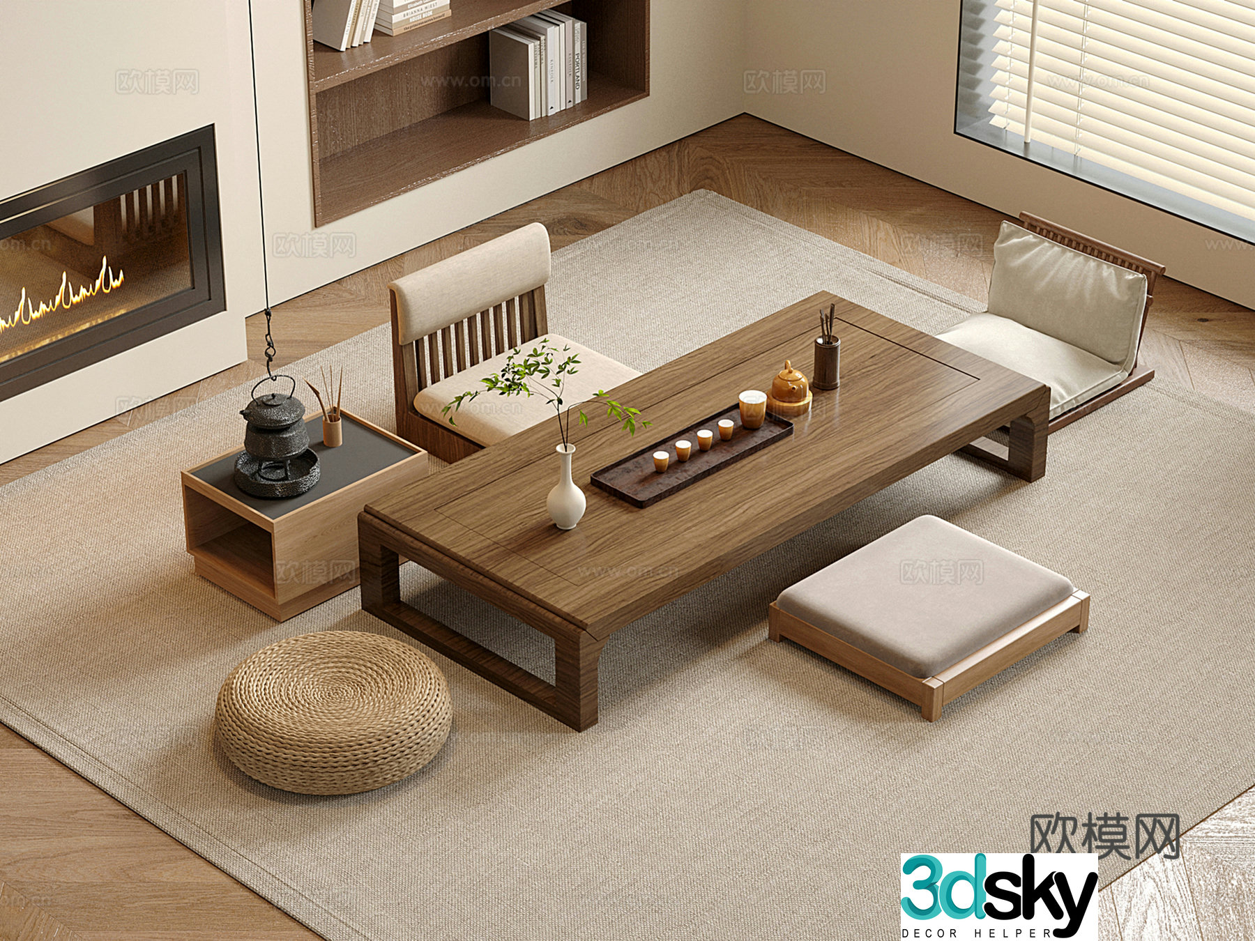 New Chinese-style tea table and chair futon rice cushion 3D model