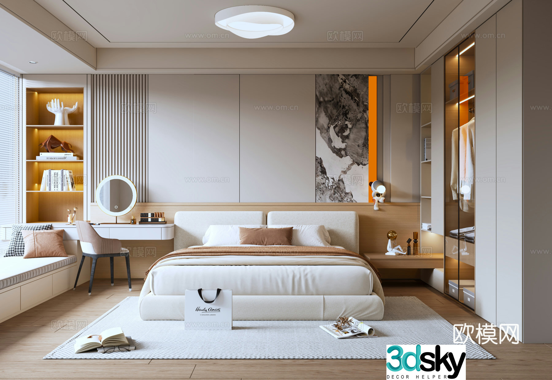Modern minimalist home bedroom double bed makeup table wardrobe ceiling light background wall bay window 3d model