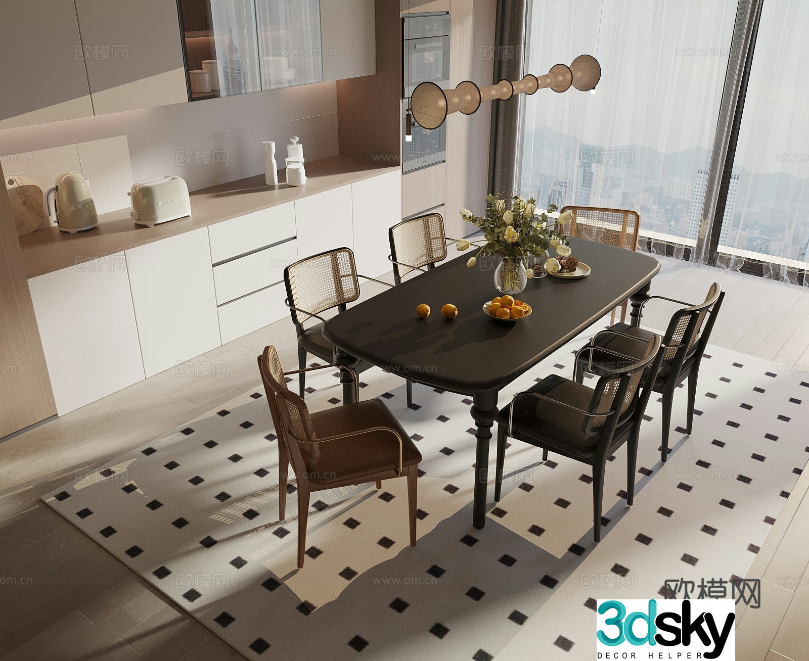 Middle Ages of Wasabi Style Dining Table and Chair Dining Table and Chair Combination Art Chandelier Wine Cabinet Side Cabinet 3D Model