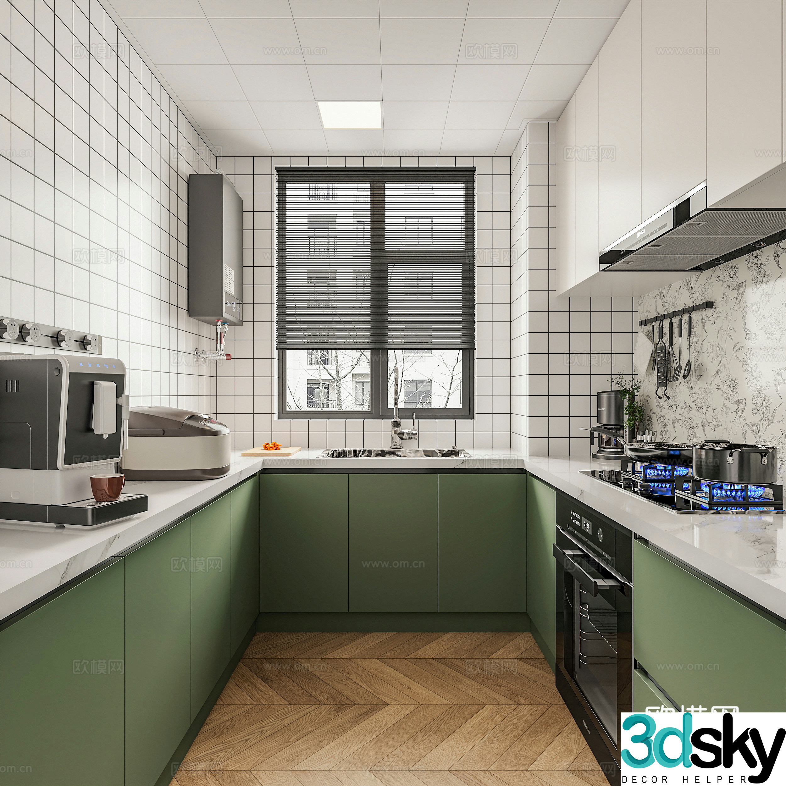 Modern kitchen range hood gas stove gas water heater coffee machine cabinet kitchen utensils electric 3D model