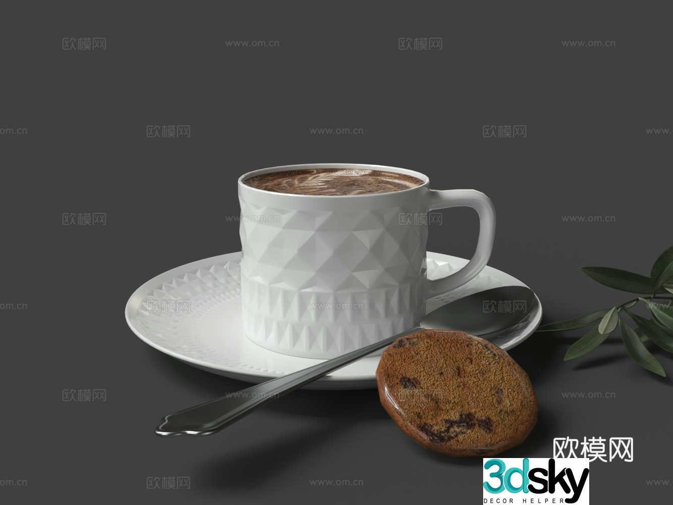 White porcelain carving coffee cup spoon cookies 3d model