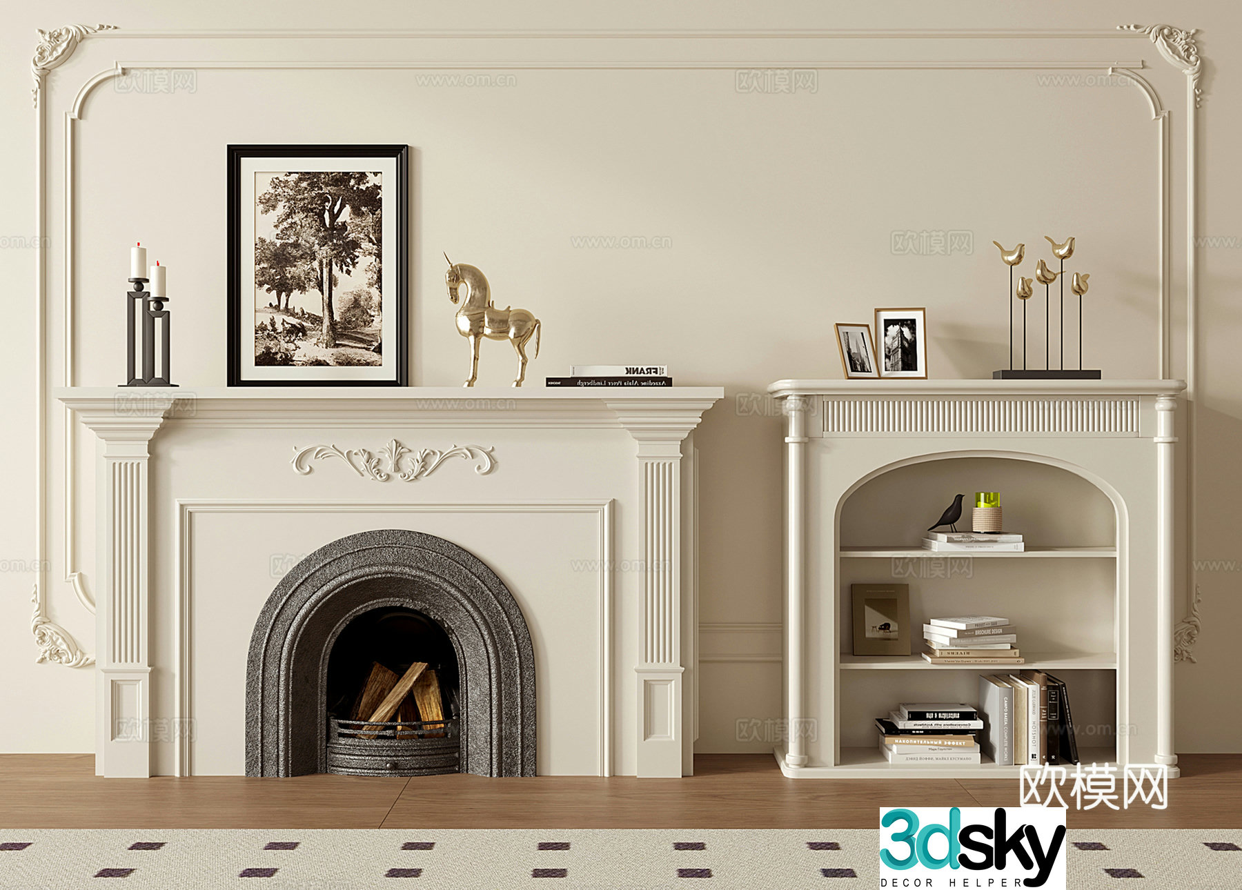 French fireplace Arched fireplace Fireplace Floor-standing shelf Bookshelf Storage cabinet 3D model