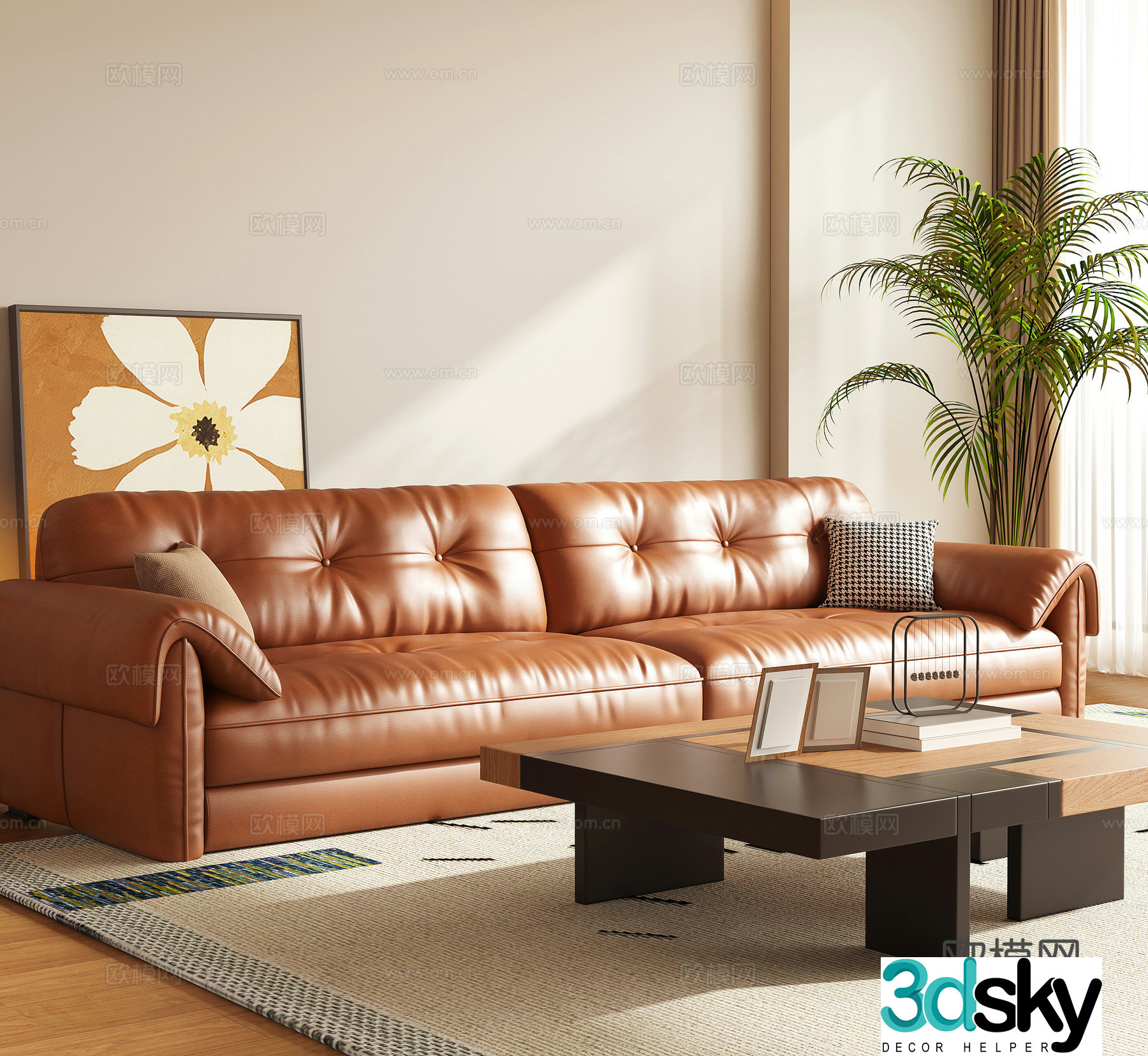 Modern multi-person sofa combination leather sofa sofa coffee table combination living room sofa 3D model