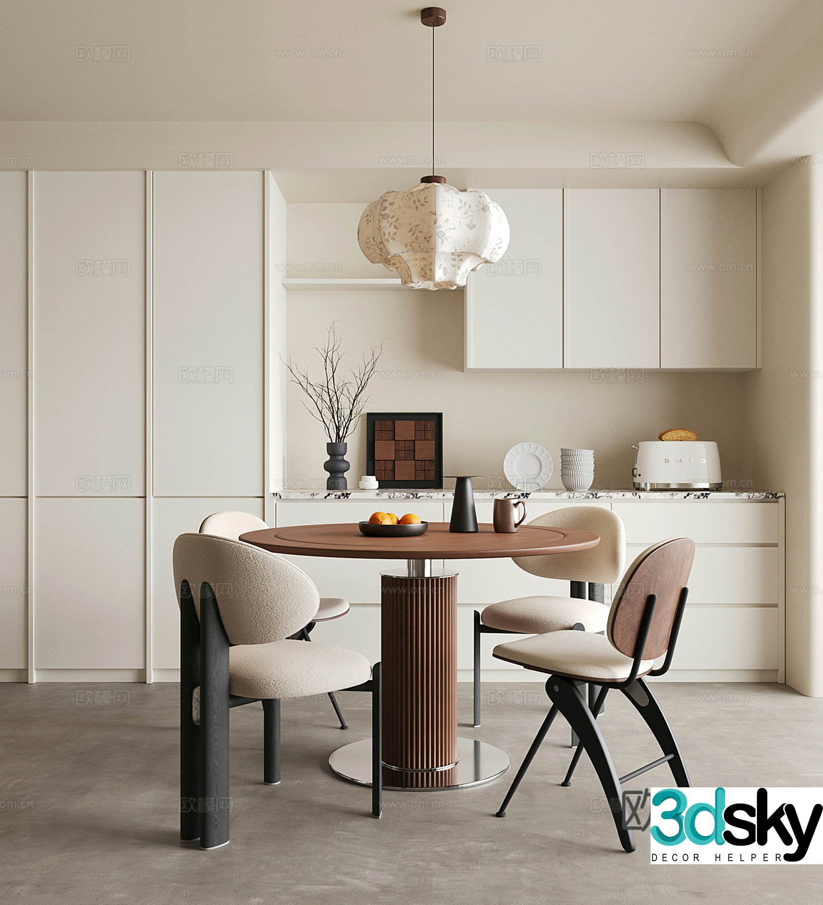 Middle style restaurant dining table and chairs wine cabinet chandeliers round dining table 3D model