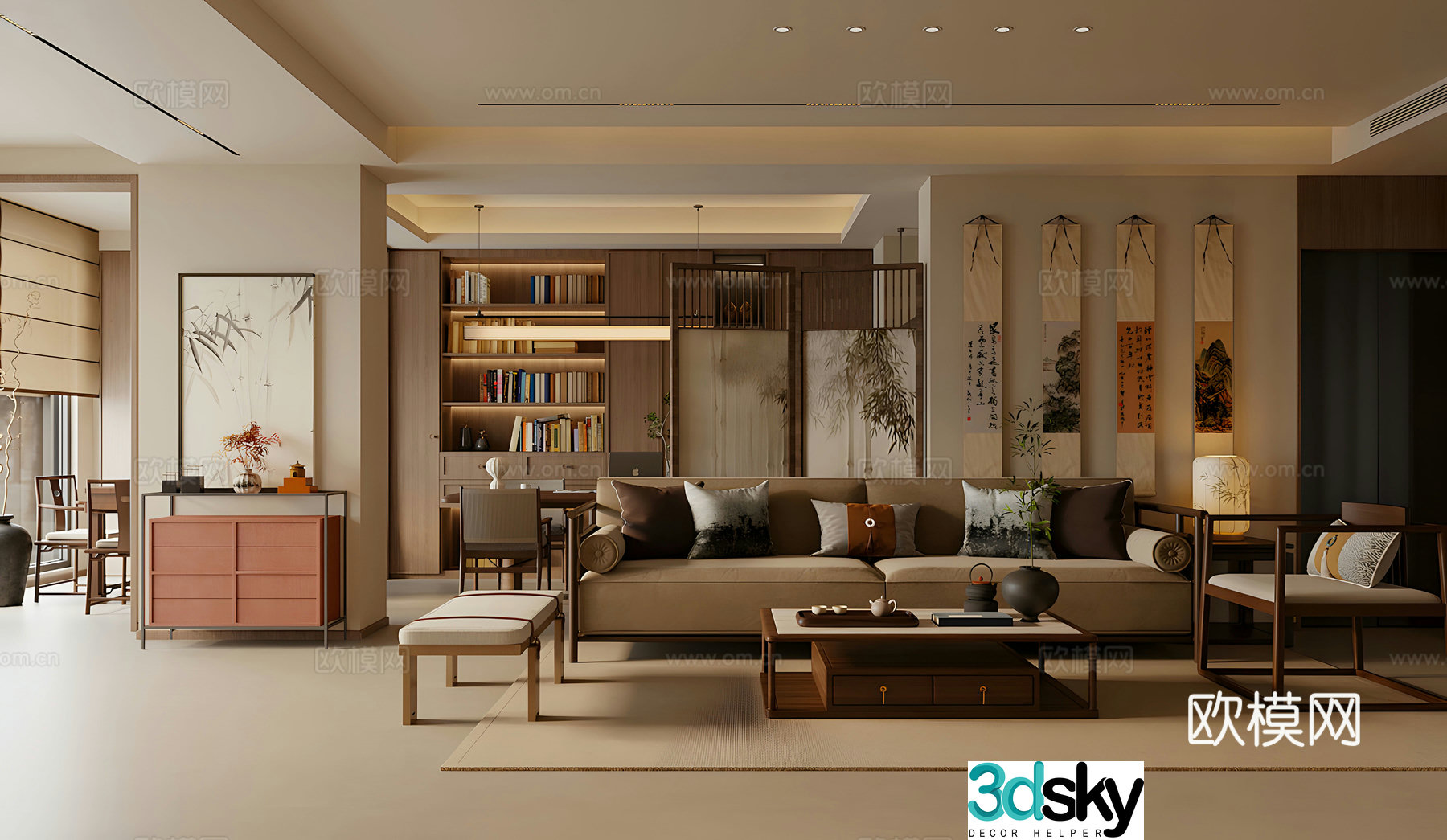New Chinese Zen Home Living Room Song-style Aesthetic Living Room Chinese Living Room Chinese Sofa Coffee Table Combination 3D Model