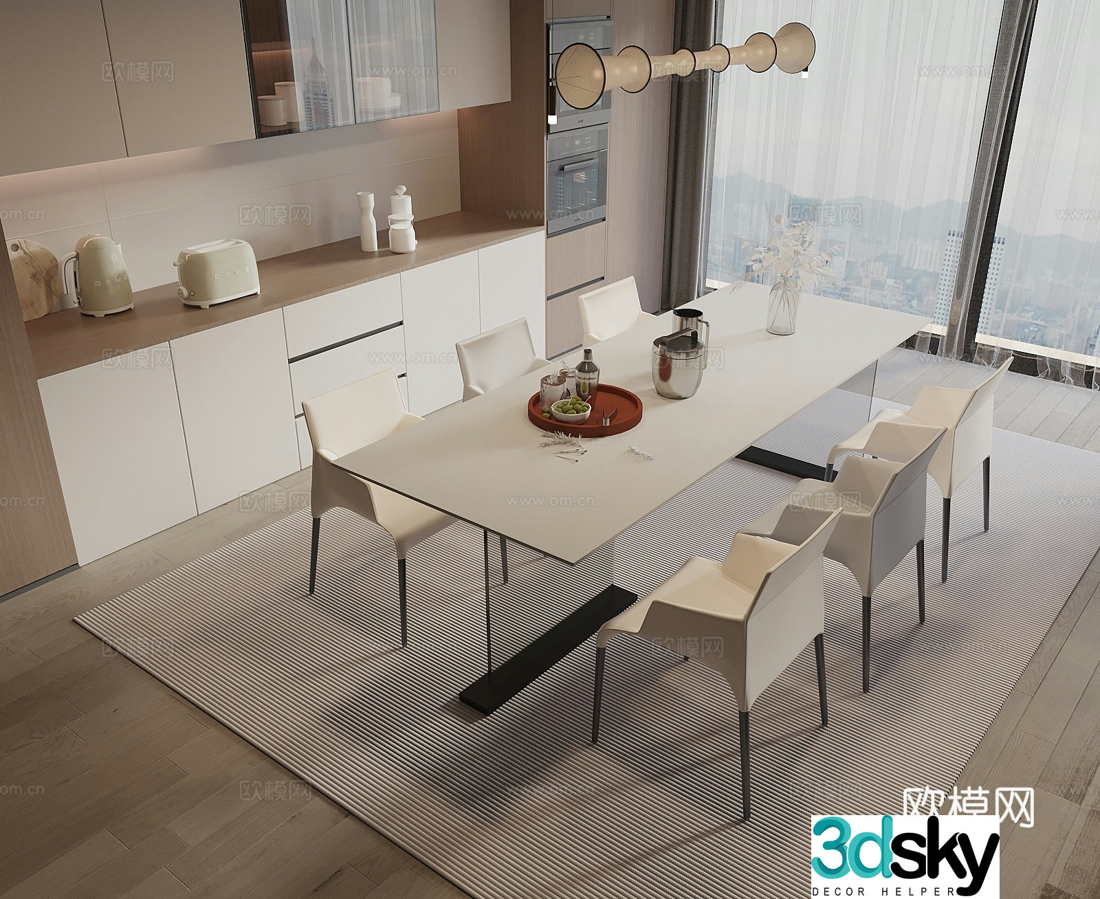 Modern cream style dining table and chair dining table and chair combination art chandeliers wine cabinet sideboard 3D model