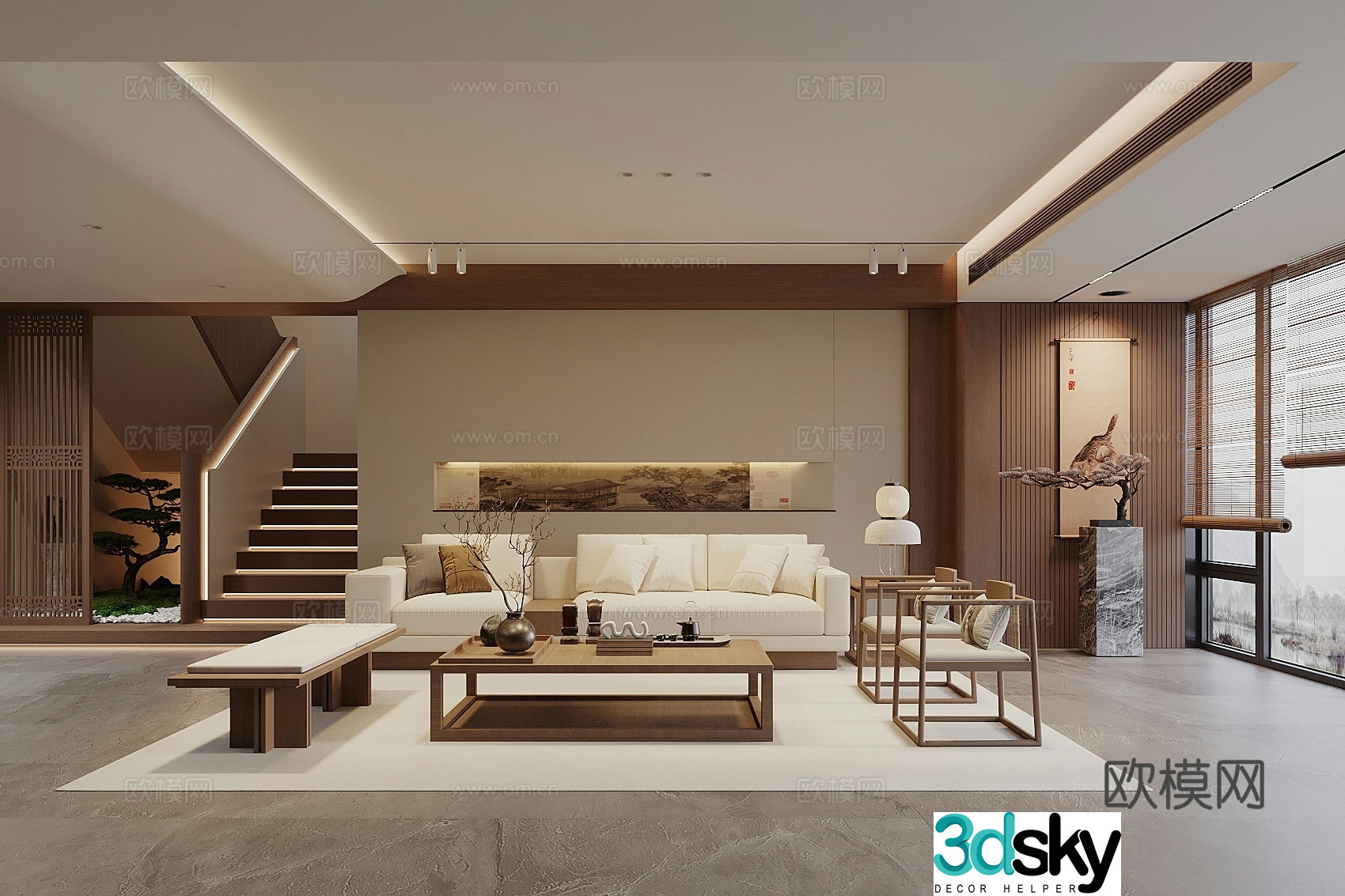 Song style new stroke living room sofa coffee table combination sofa background wall leisure chair stairs landscape 3d model
