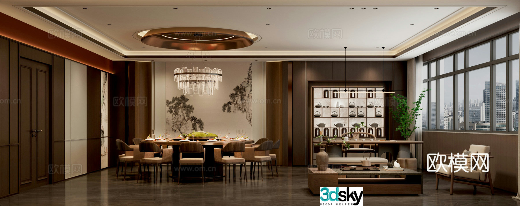 New Chinese style meal bag round ceiling tea table 3D model