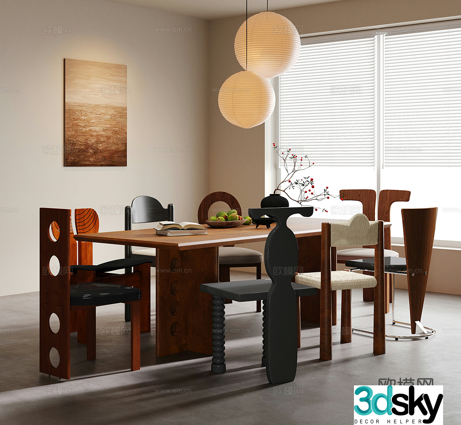 Middle style dining table and chair chandeliers decorative painting 3d model