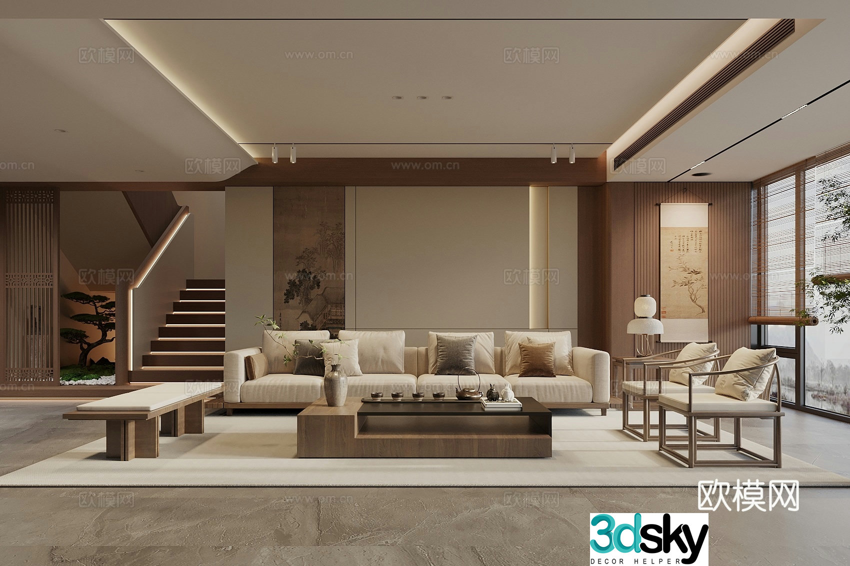 Song style new stroke living room sofa coffee table combination sofa background wall leisure chair stairs landscape 3d model