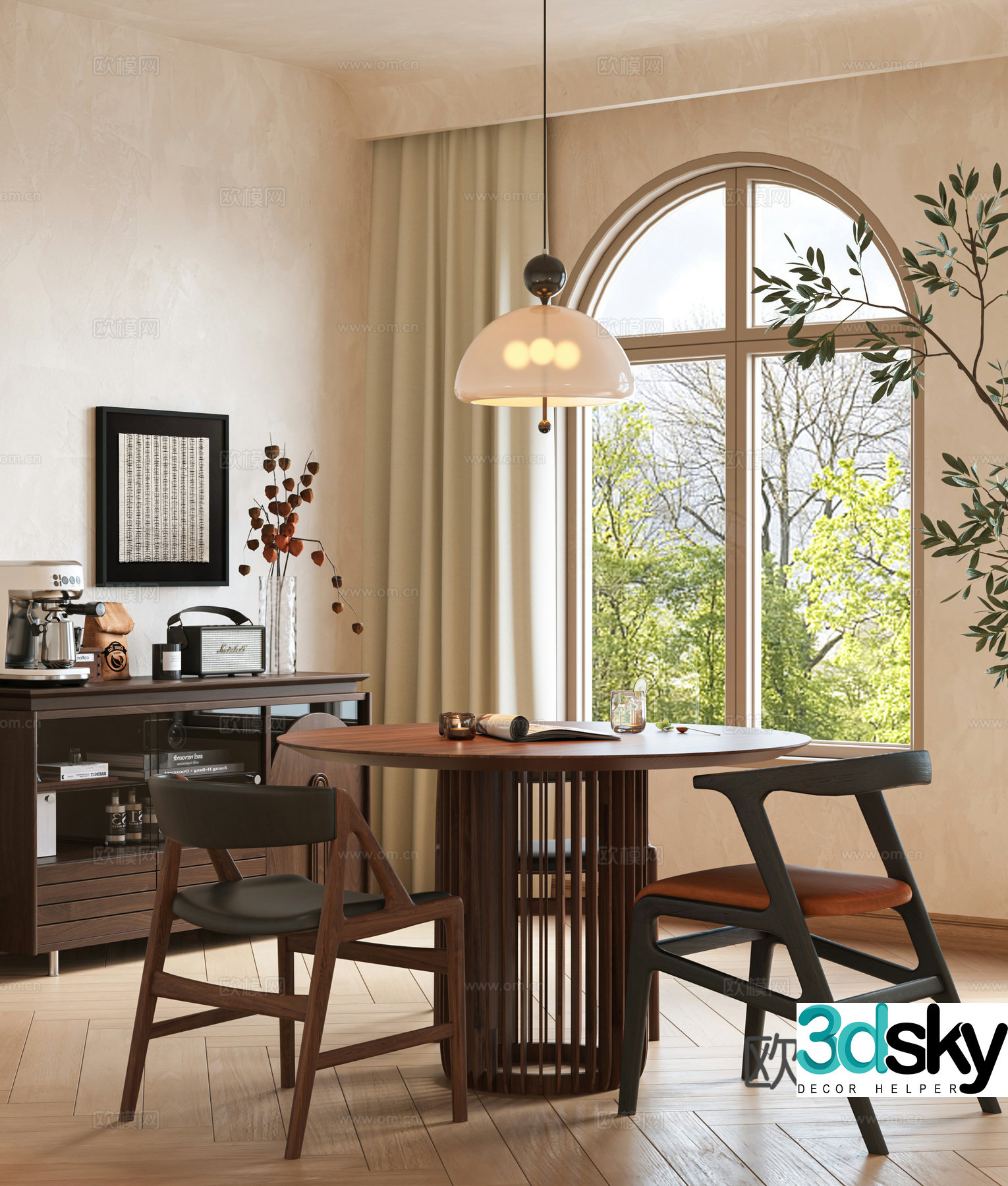 Modern medieval dining table and chair combination round casual table and chair combination sideboard restaurant solid wood dining 3D model
