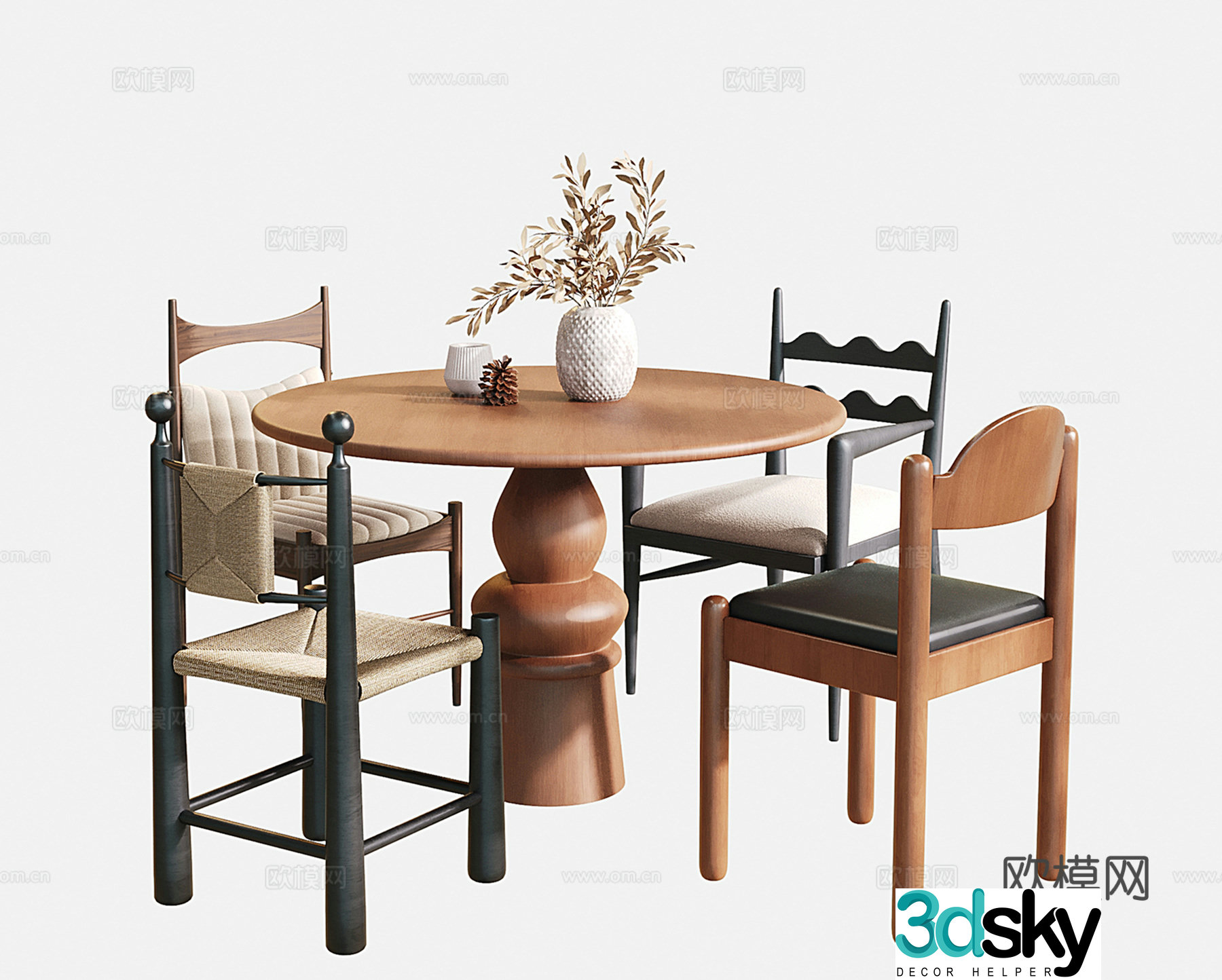 French medieval dining table and chairs Round dining table and dining chairs Single chair 3D model