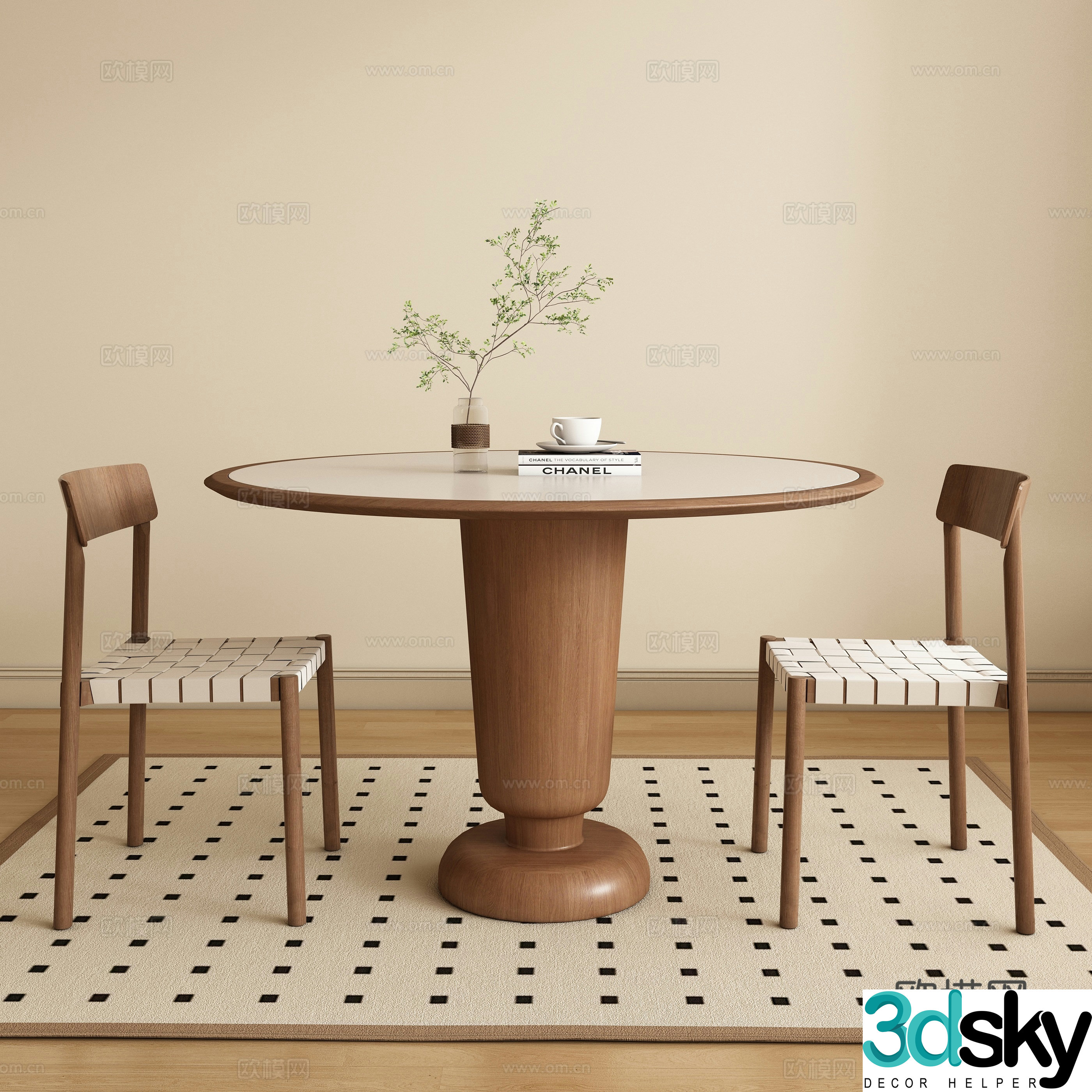 Modern medieval round dining table and chair 3D model