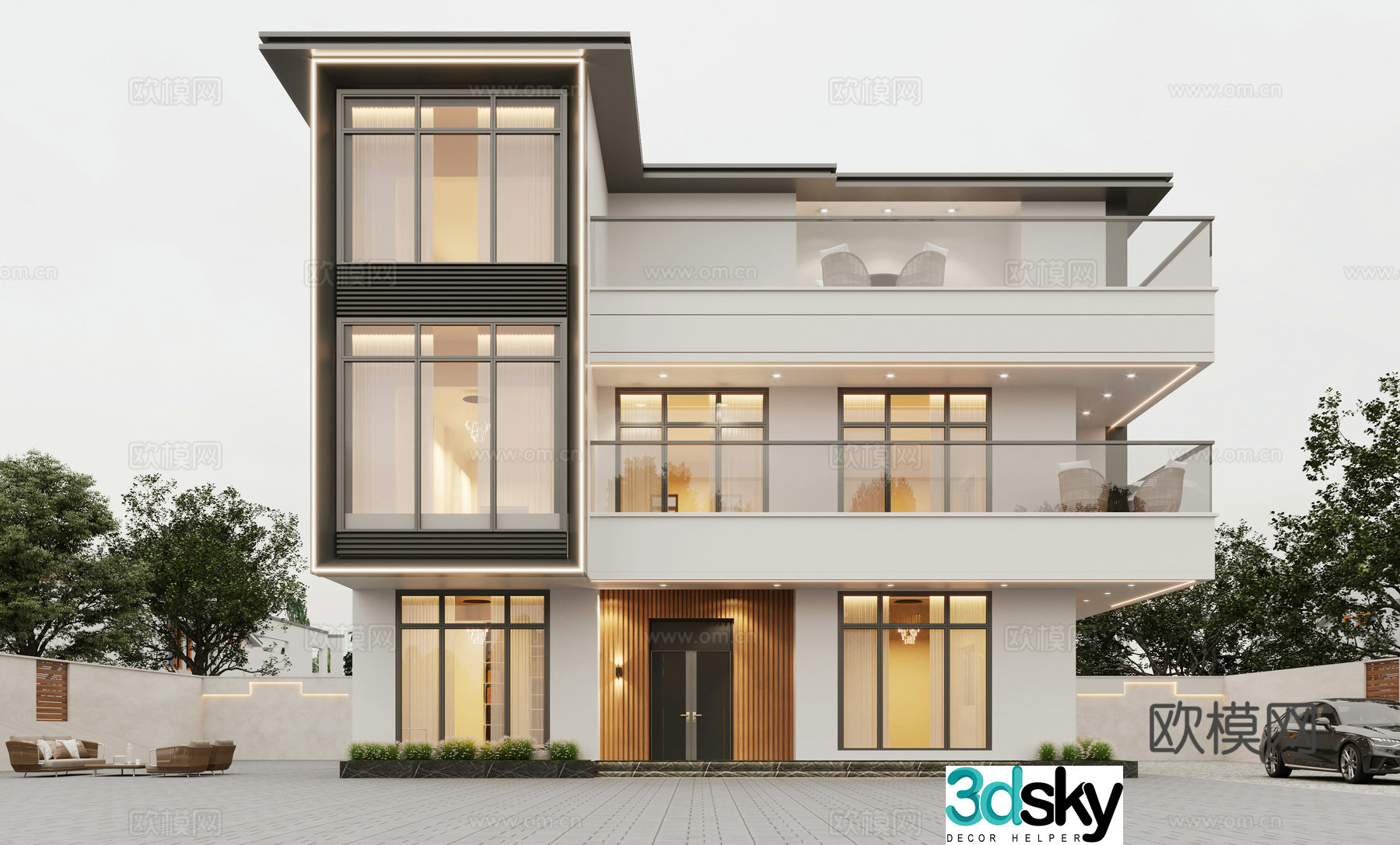 Modern villa exterior villa facade single-family villa three-story residential building floor-to-ceiling windows 3D model