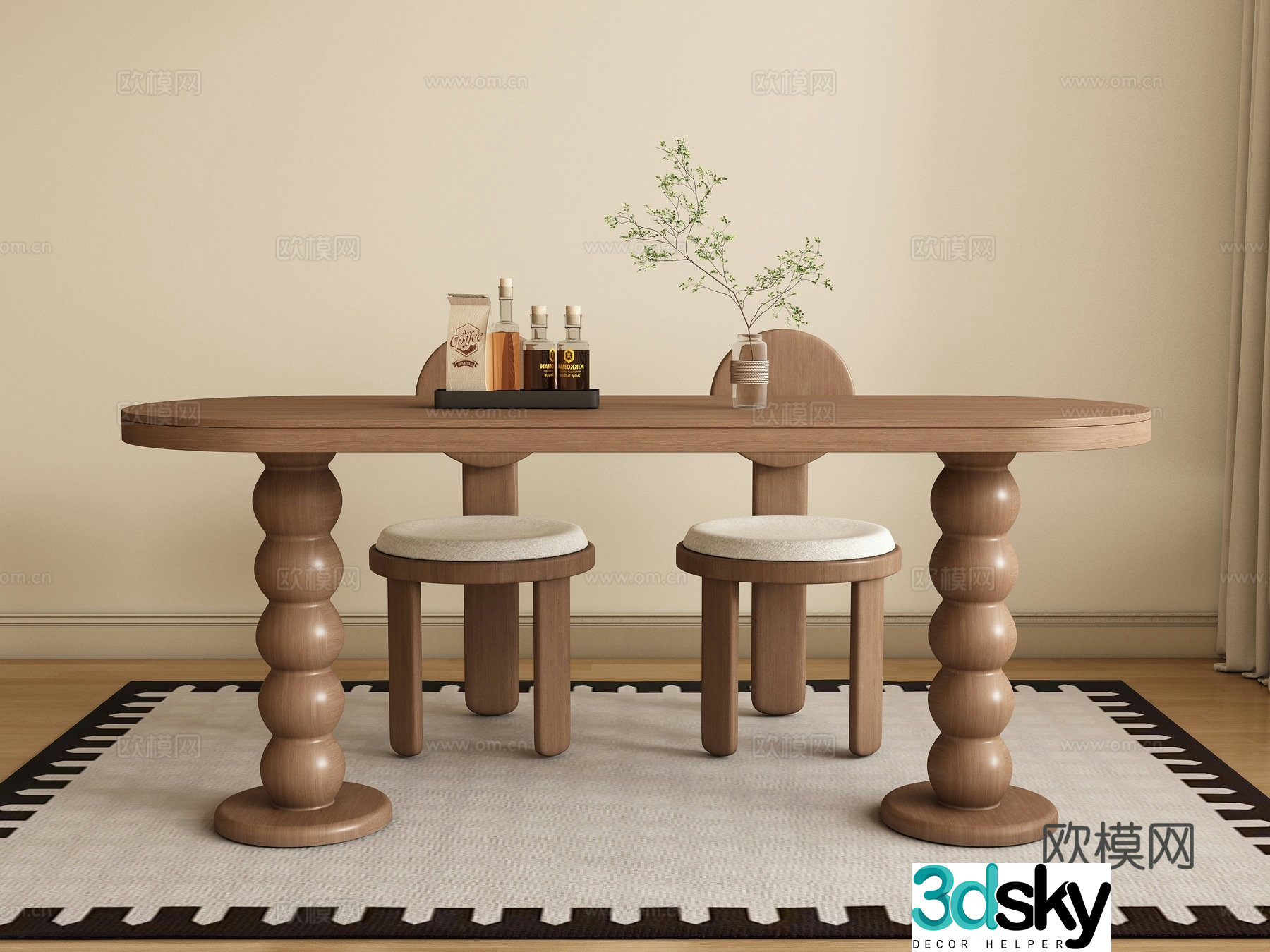 Modern medieval dining table and chair 3D model