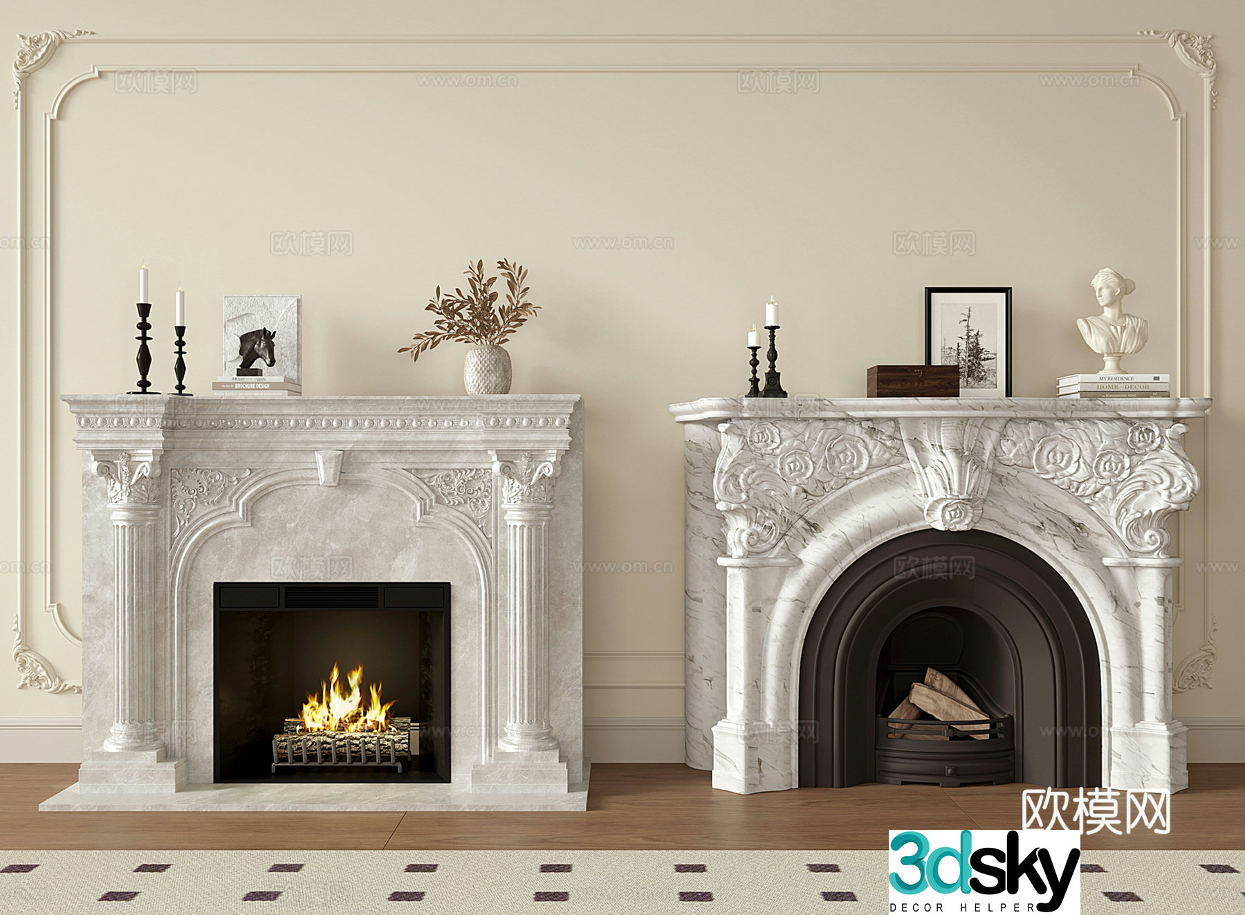 French retro fireplace marble relief carving stone sculpture 3d model