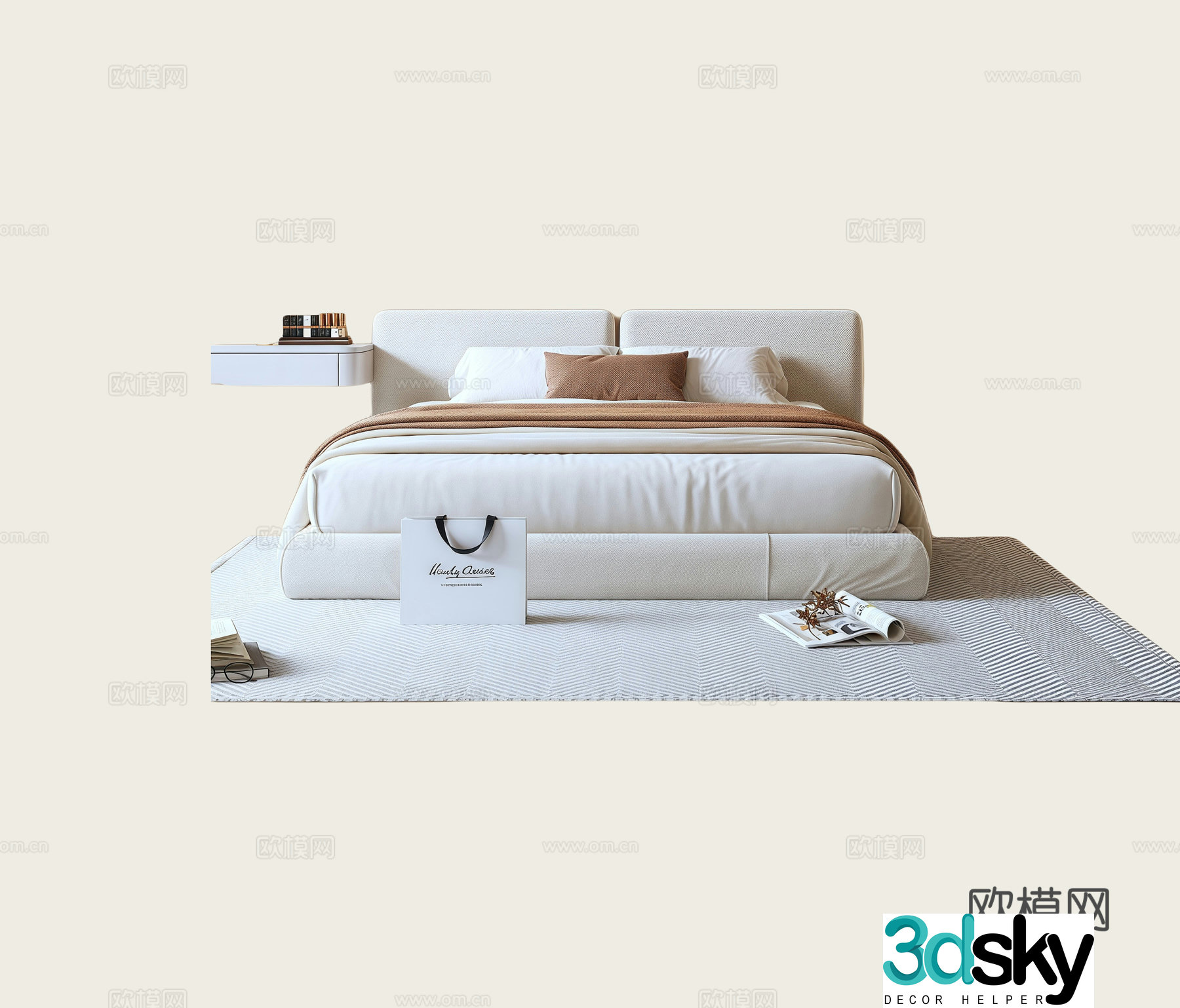 Modern minimalist double bed bedroom bed fabric bed 3d model