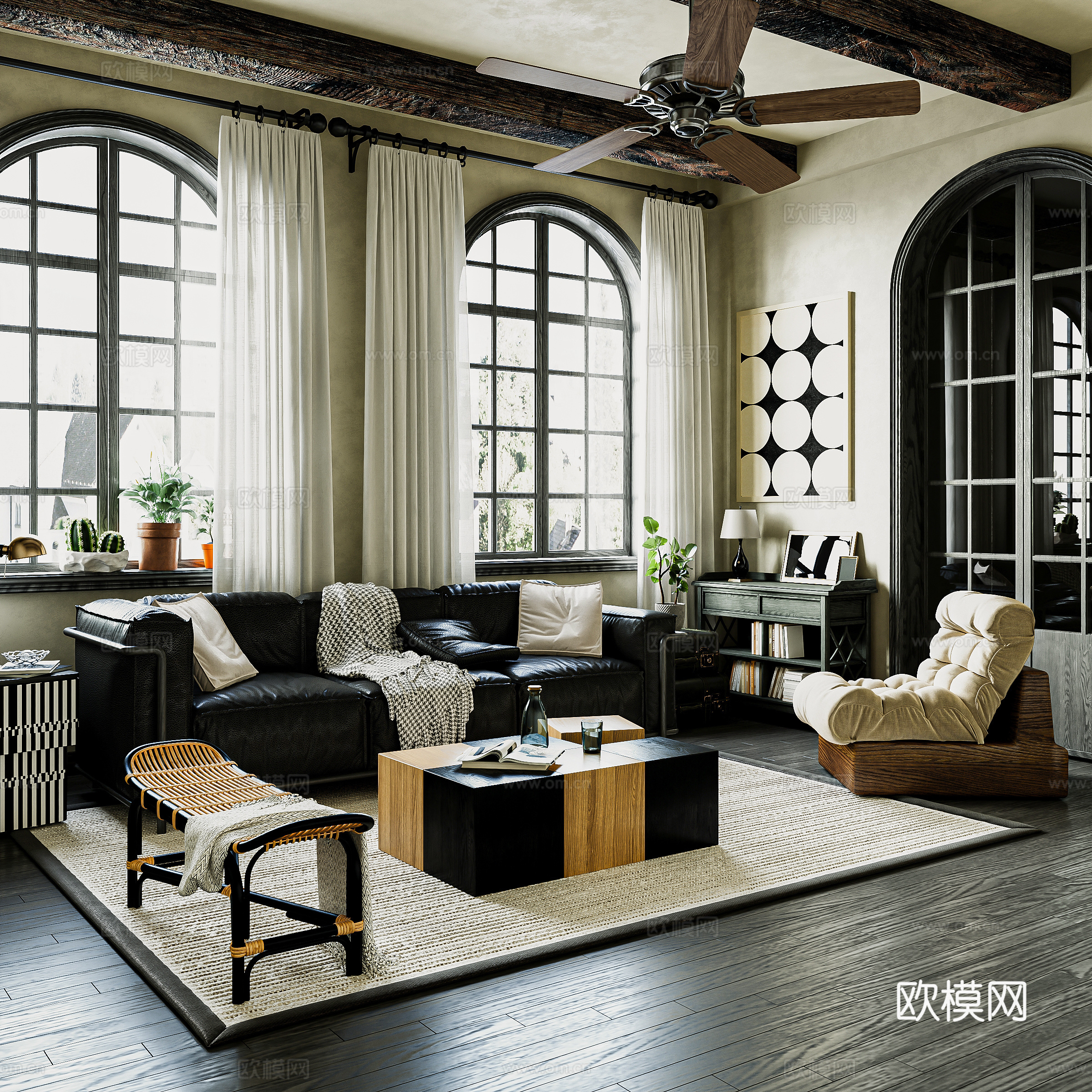 American retro villa living room oil wax leather sofa rattan bench floor lamp side cabinet retro floor 3D model