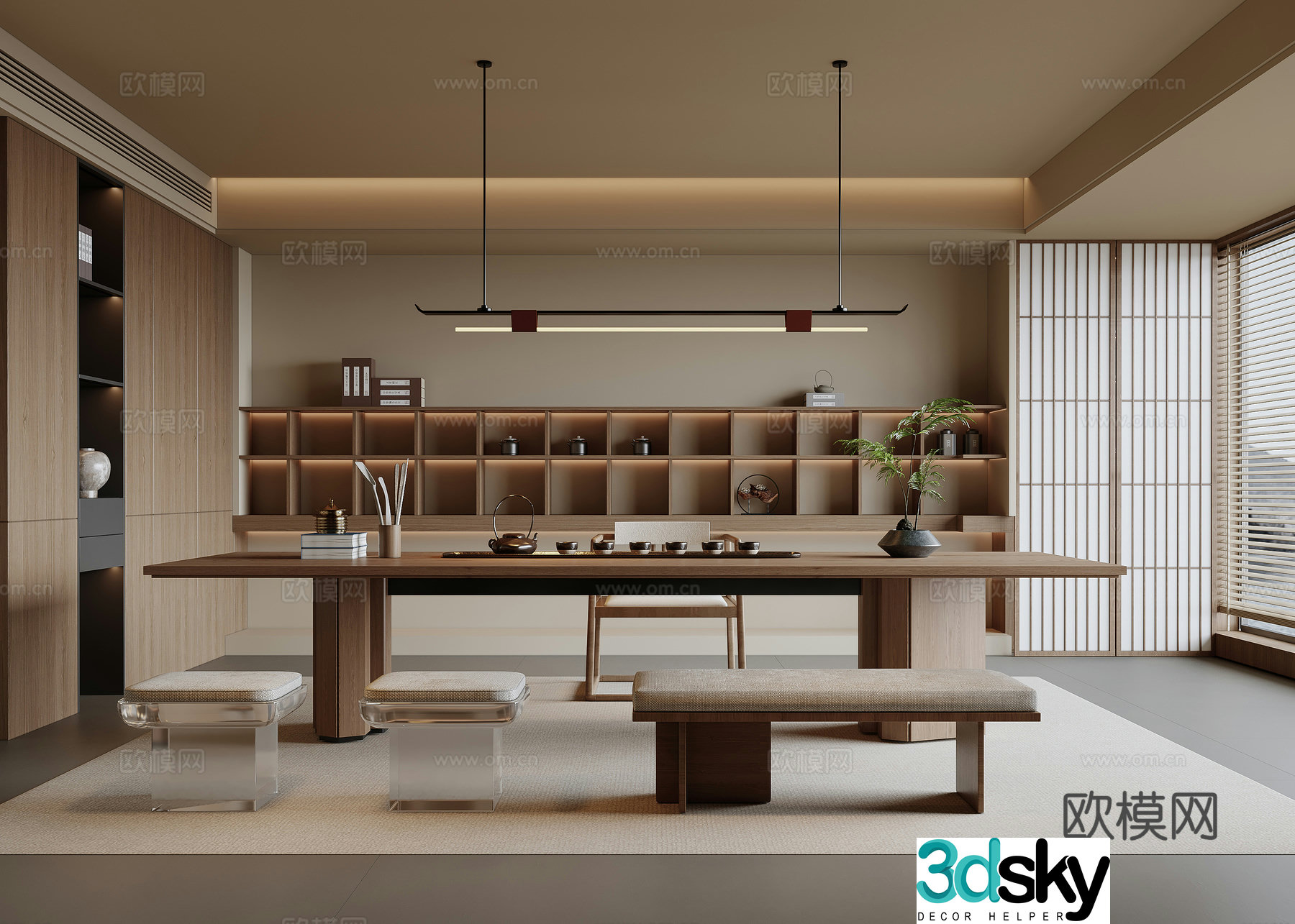 New Chinese-style tea room Song-style tea room Tea table and chair Tea cabinet Chandelier 3D model