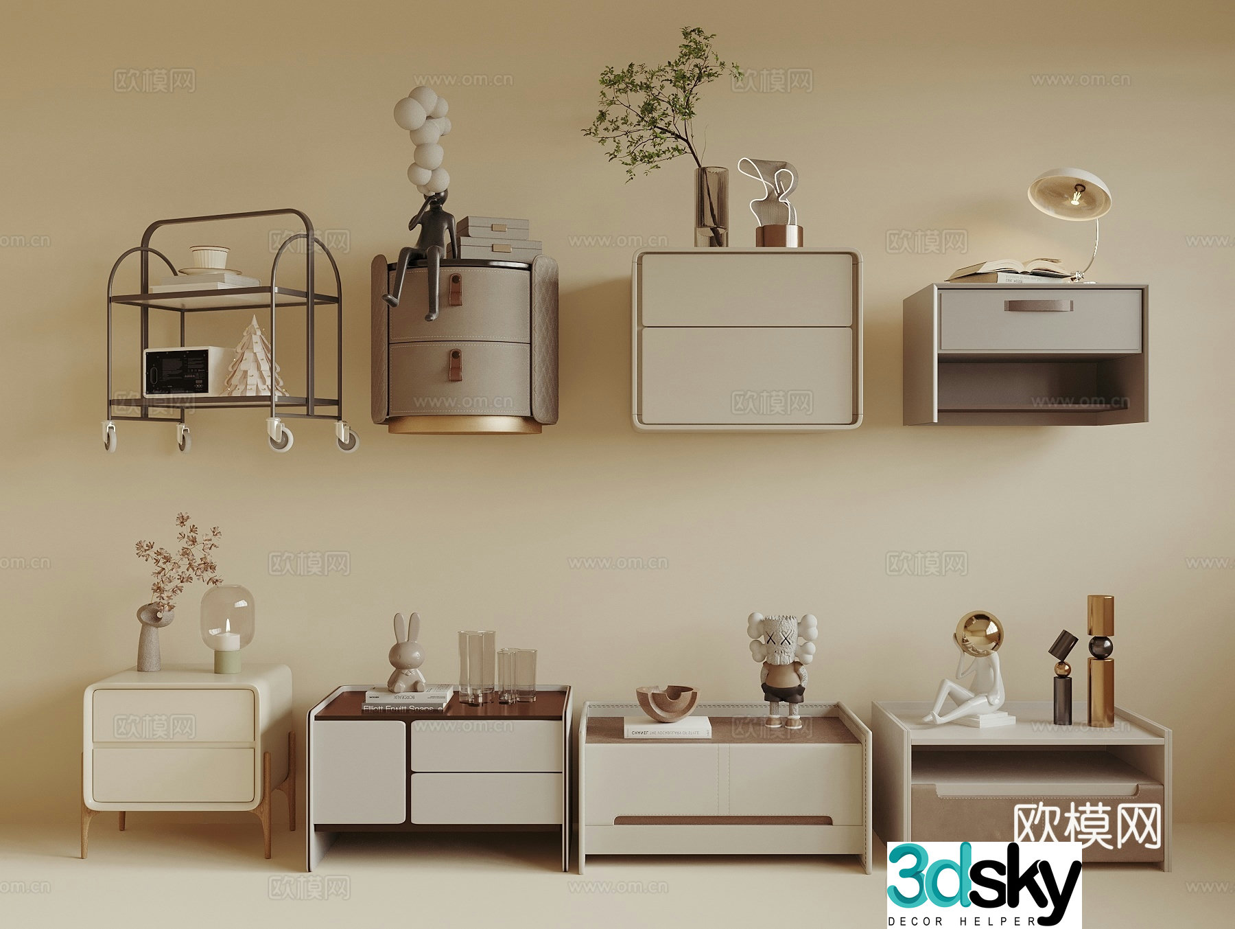 Modern bedside table bedside table ornaments round bedside table 3D model