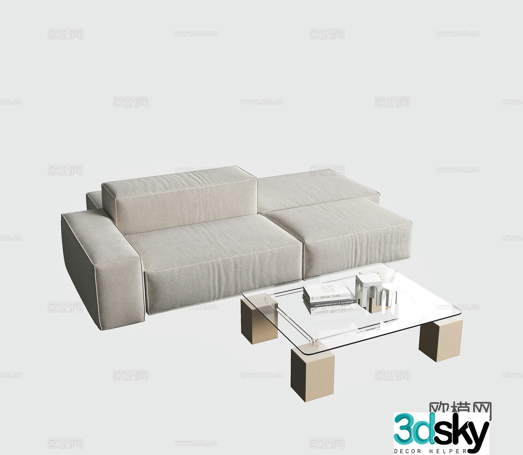 Modern three-person sofa tea table combination cream style sofa tea table bread sofa tofu block sofa 3d model