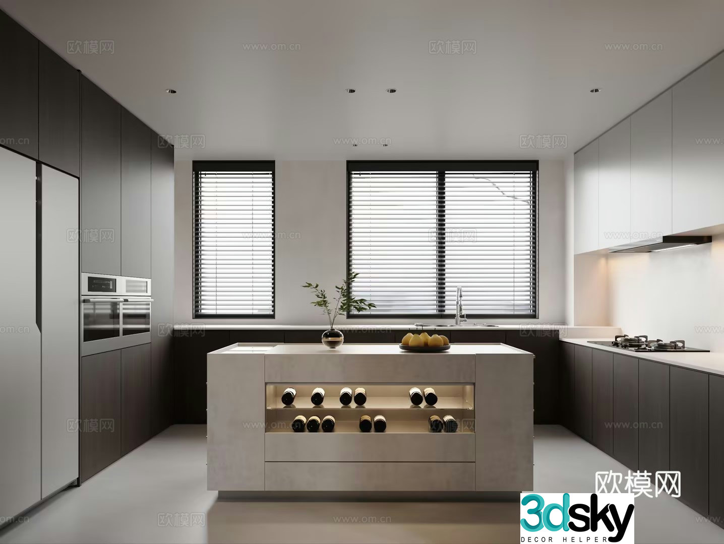 Modern minimalist open kitchen 3d model
